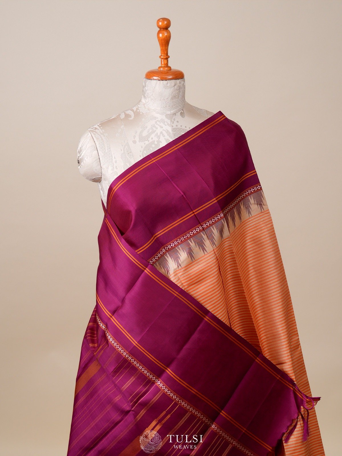 Beige Striped Kanjeevaram Silk Saree