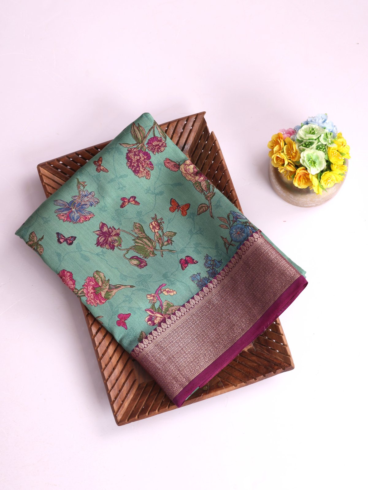 Pastel Green Printed Chaniya Silk Saree With Zari Border 