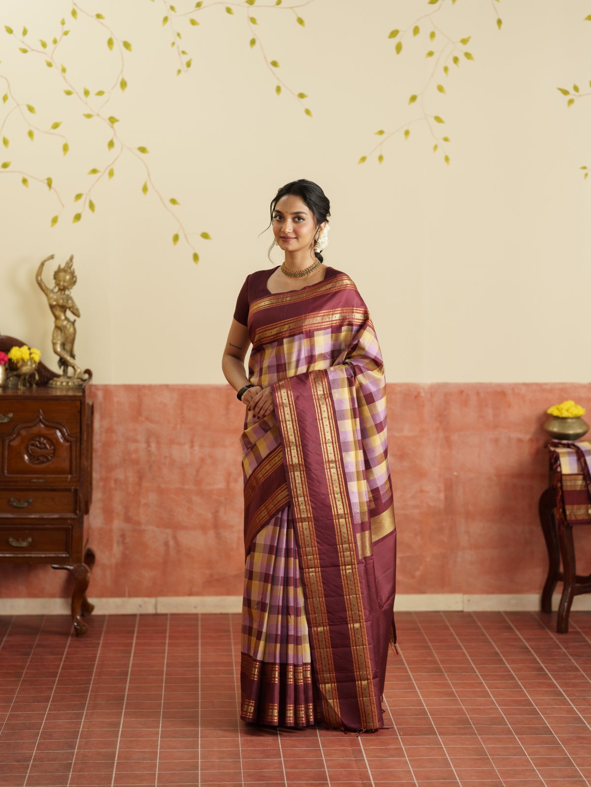 Vintage 105 - Multi Color Checked Kanjeevaram Silk Saree With Brown Border