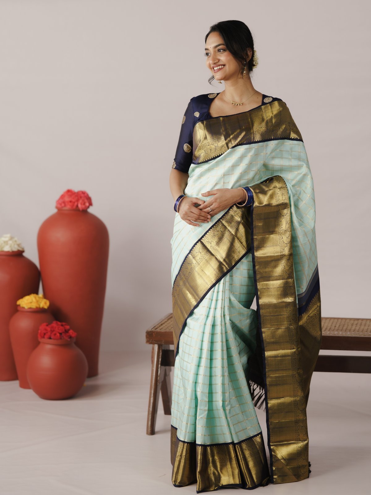 Light Blue Checked Kanjeevaram Silk Saree With Navy Blue Border