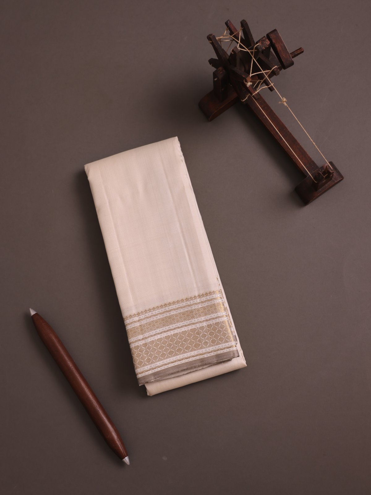 Light Beige Silk Dhoti With Zari Border 