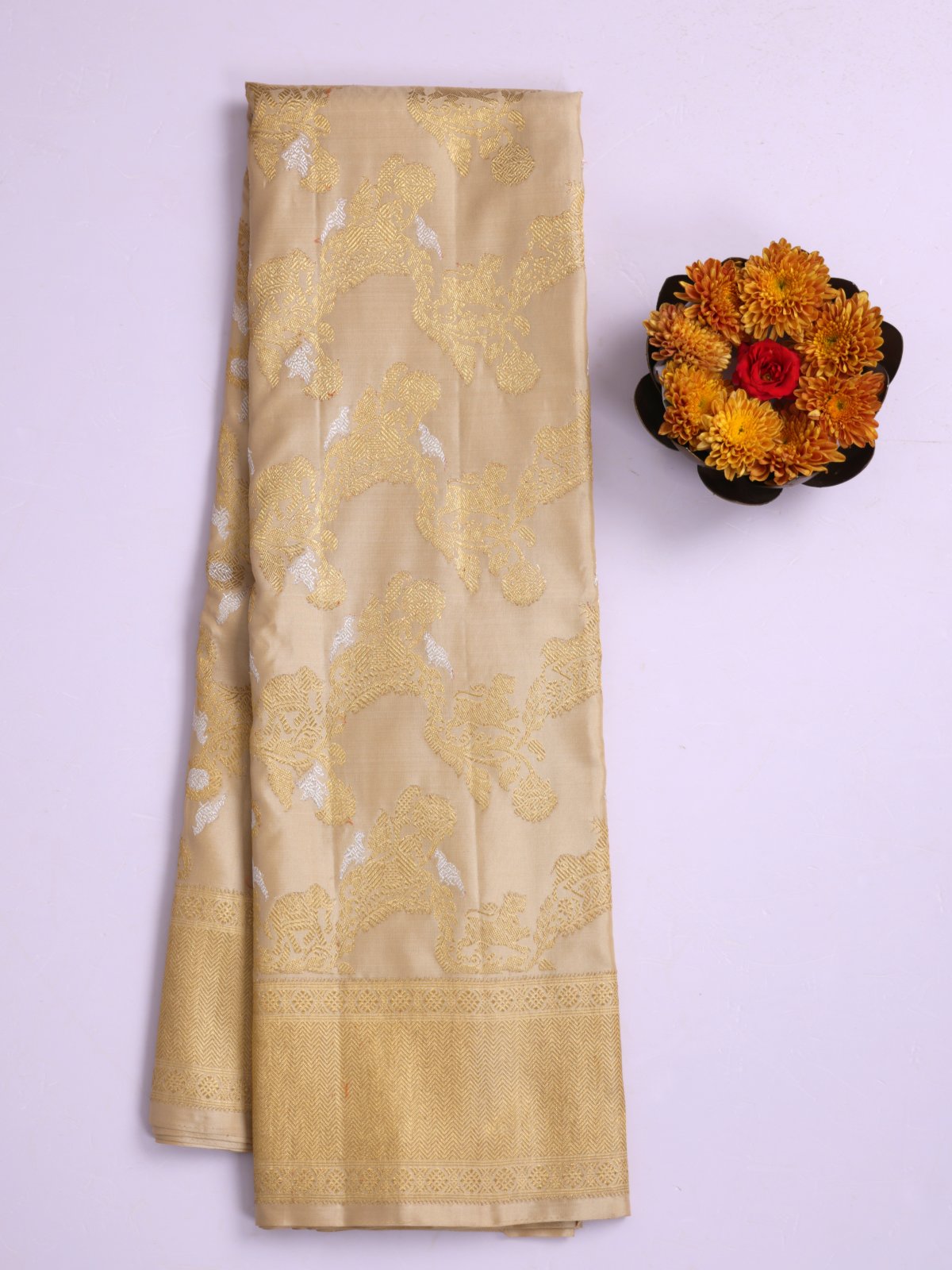 Beige Zari Brocade Kanjeevaram Silk Saree With Zari Border