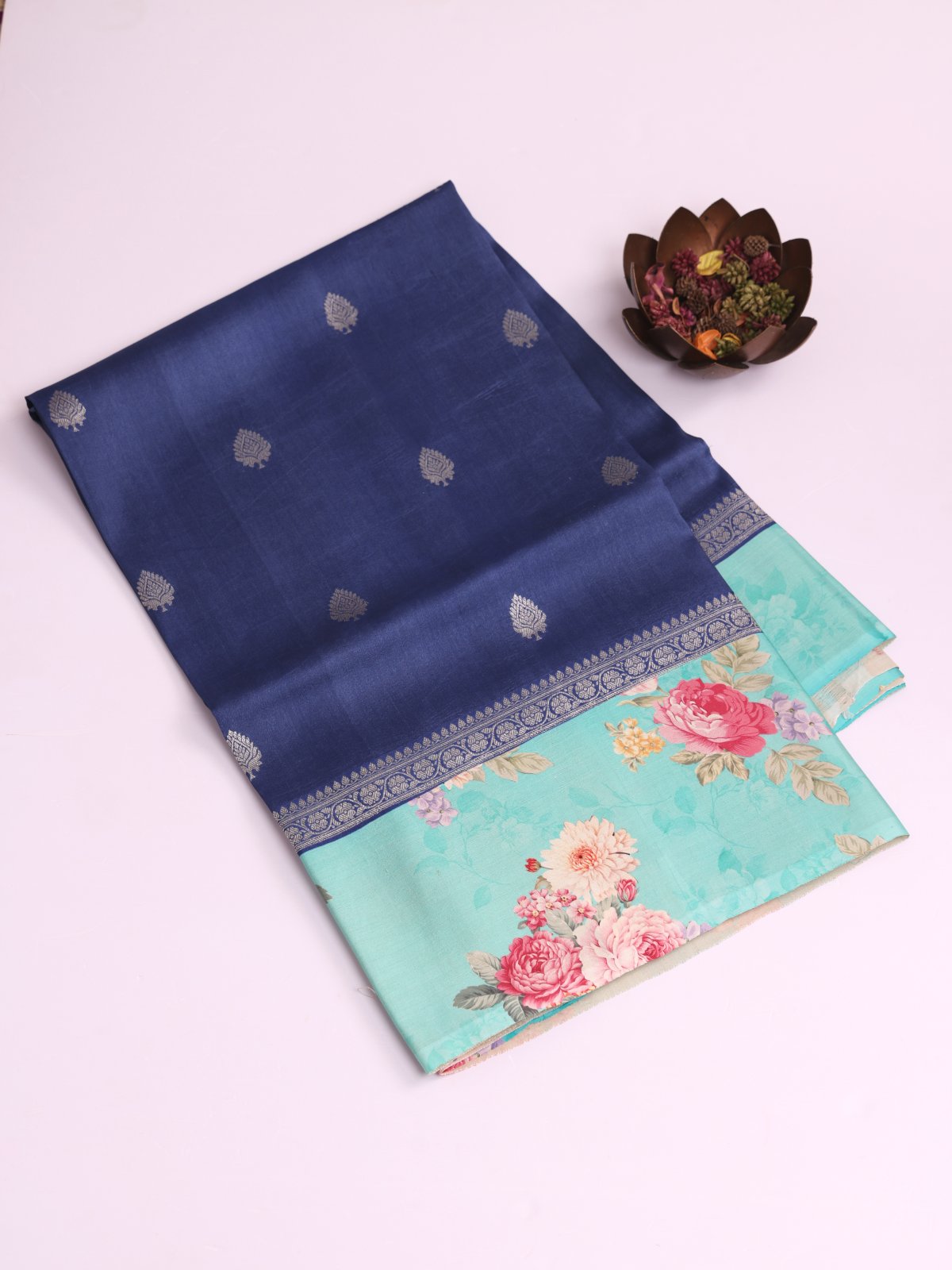 Blue Banaras Tussar Georgette Silk Saree With Printed Turquoise Border
