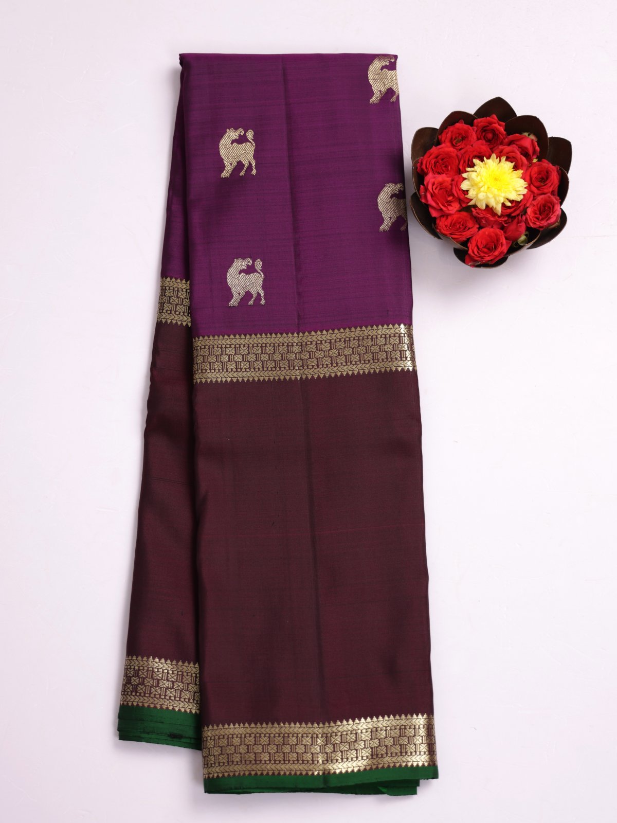 Dark Purple Kanjeevaram Silk Saree With Chocolate Brown Zari Border