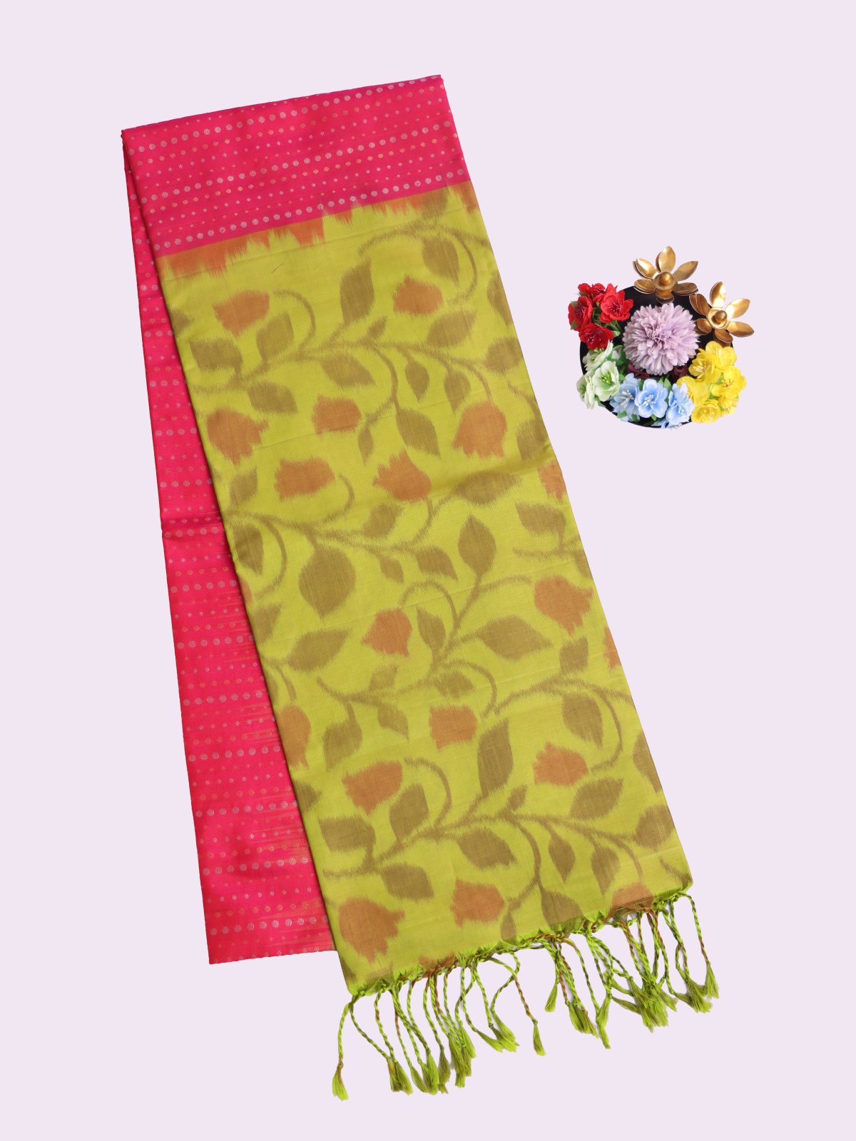 Orangish Pink Brocade Soft Silk Saree with Mehendi Green Border