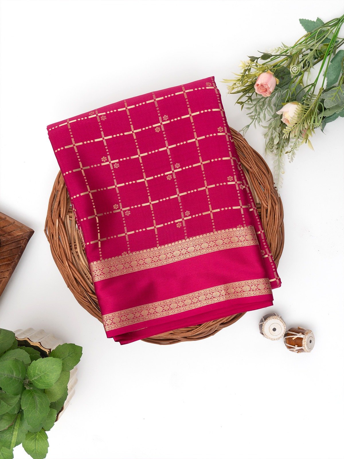 Dark Pink Mysore Silk Saree with Rettapet Border