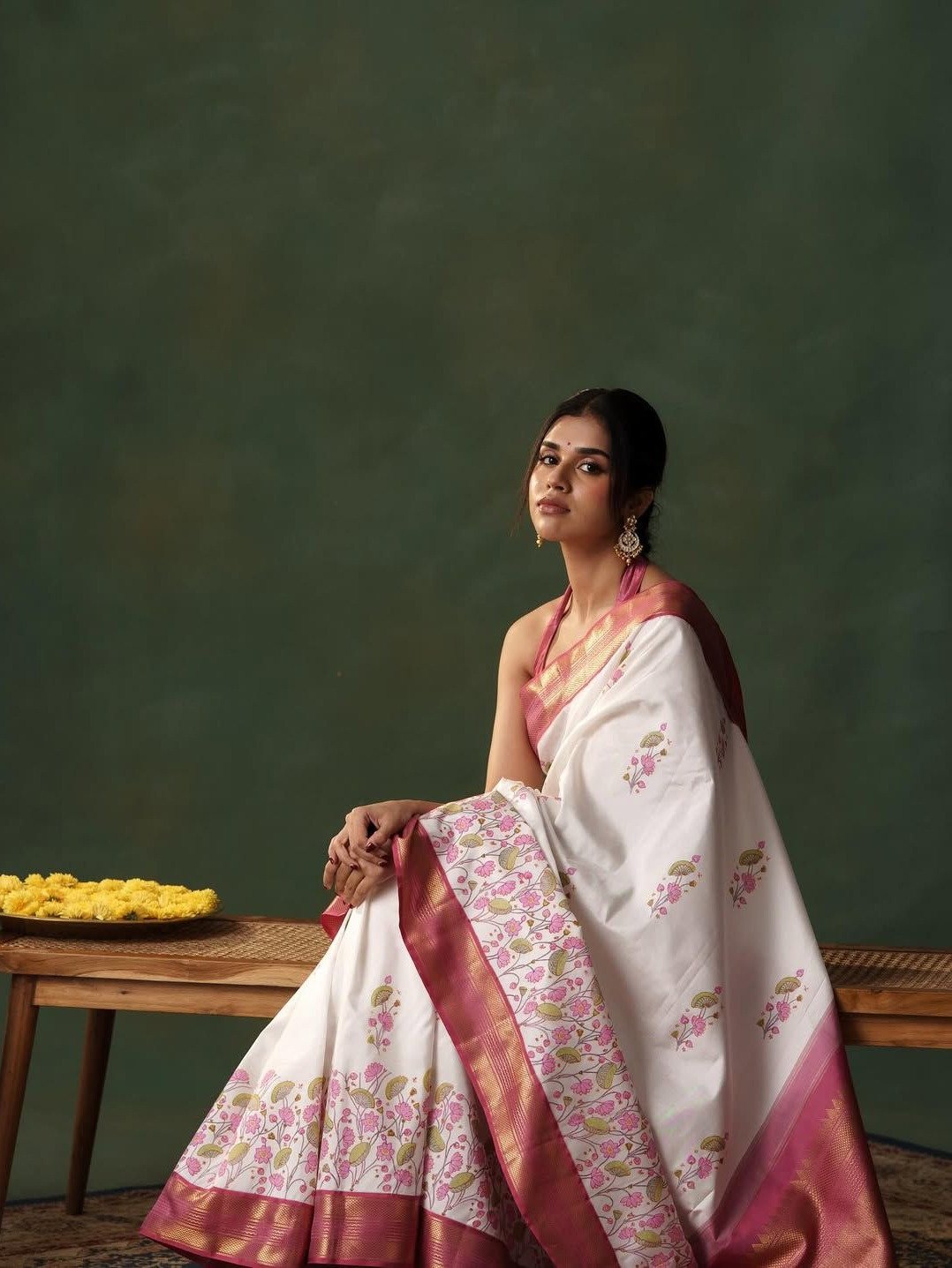 White Block Printed Kanjeevaram Silk Saree With Pink Border 