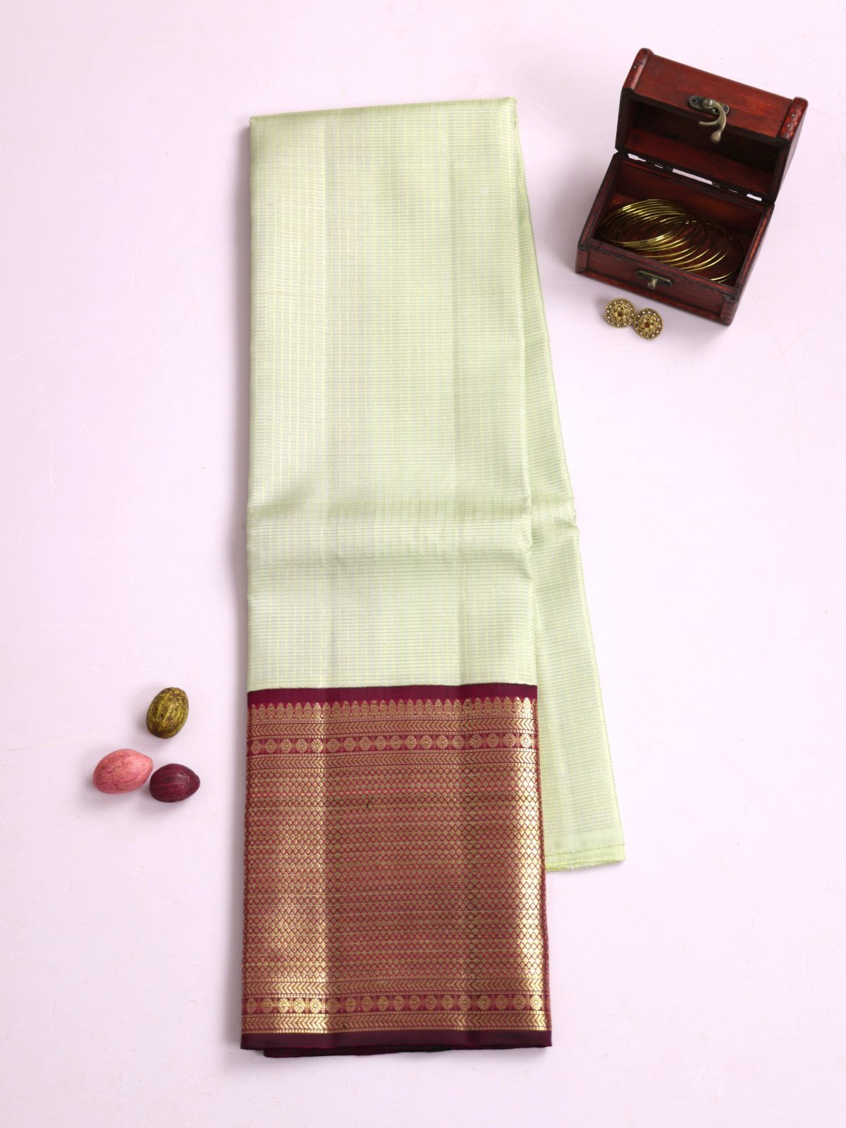 Light Elaichi Green Zari Checked Kanjeevaram Silk Pavadai With Burgundy Border