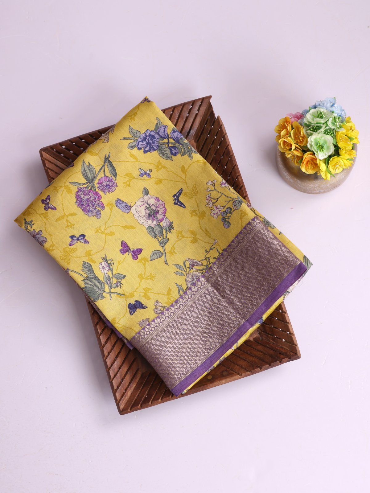 Yellow Printed Chaniya Silk Saree With Zari Border
