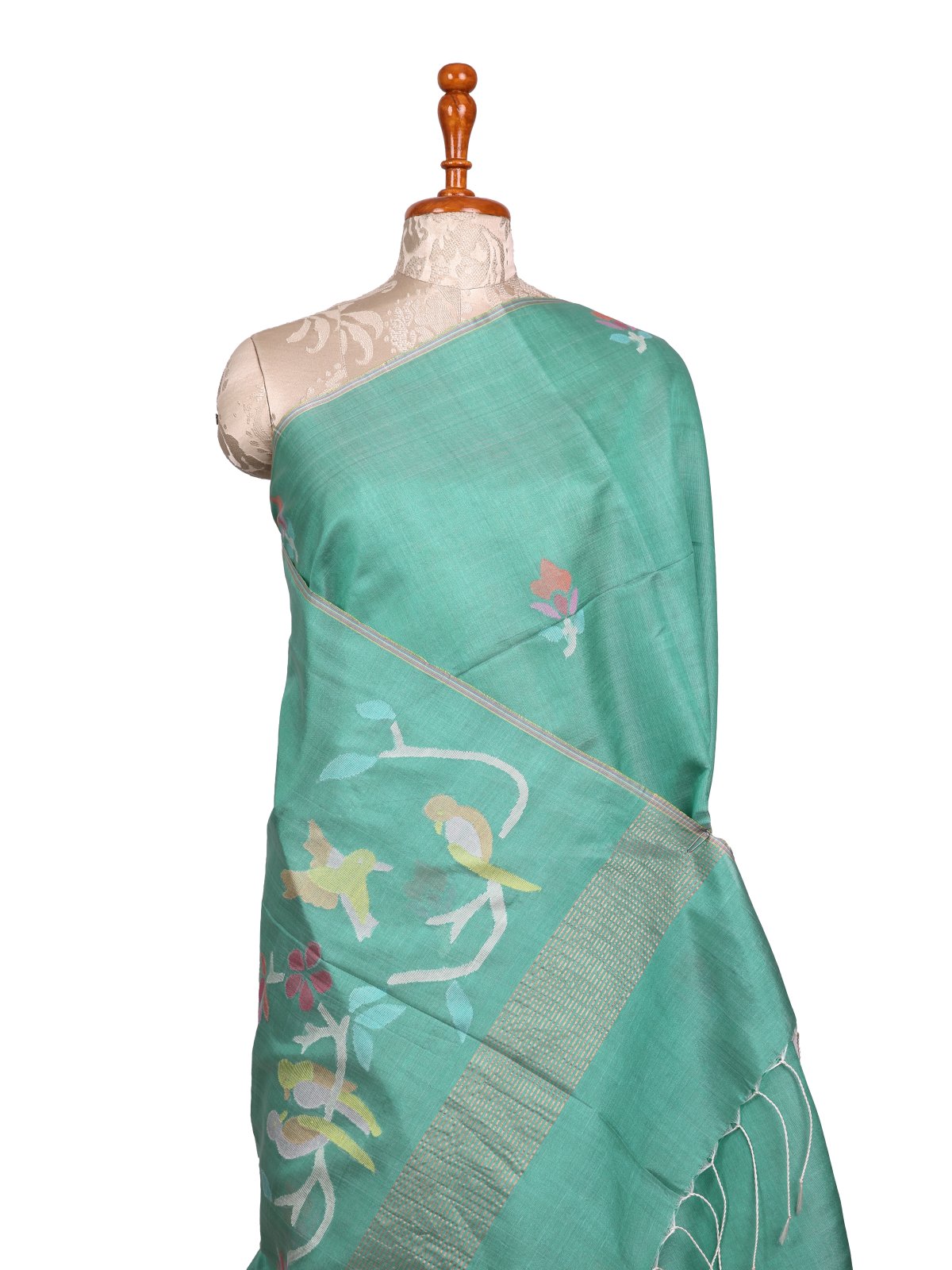 Light Bluish Green Tussar Jamdani Silk Saree