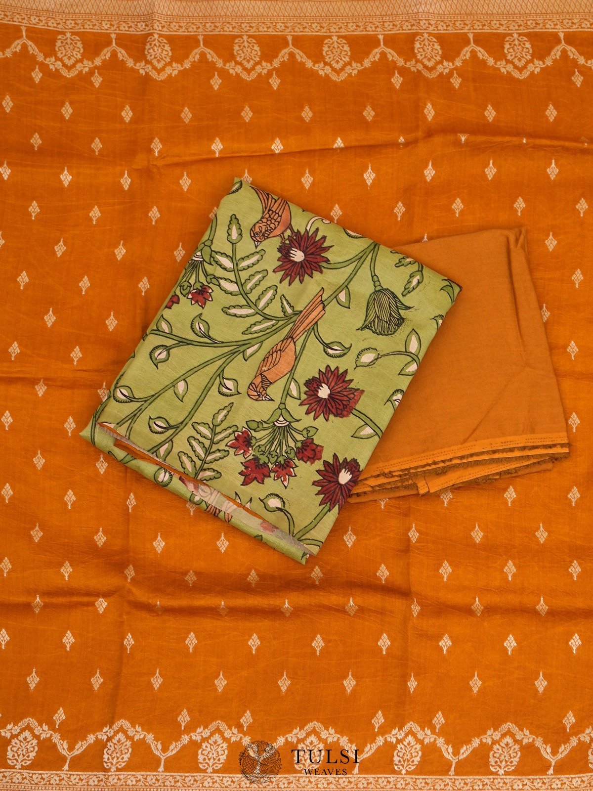 Parrot Green Hand-Painted Tussar Salwar Material