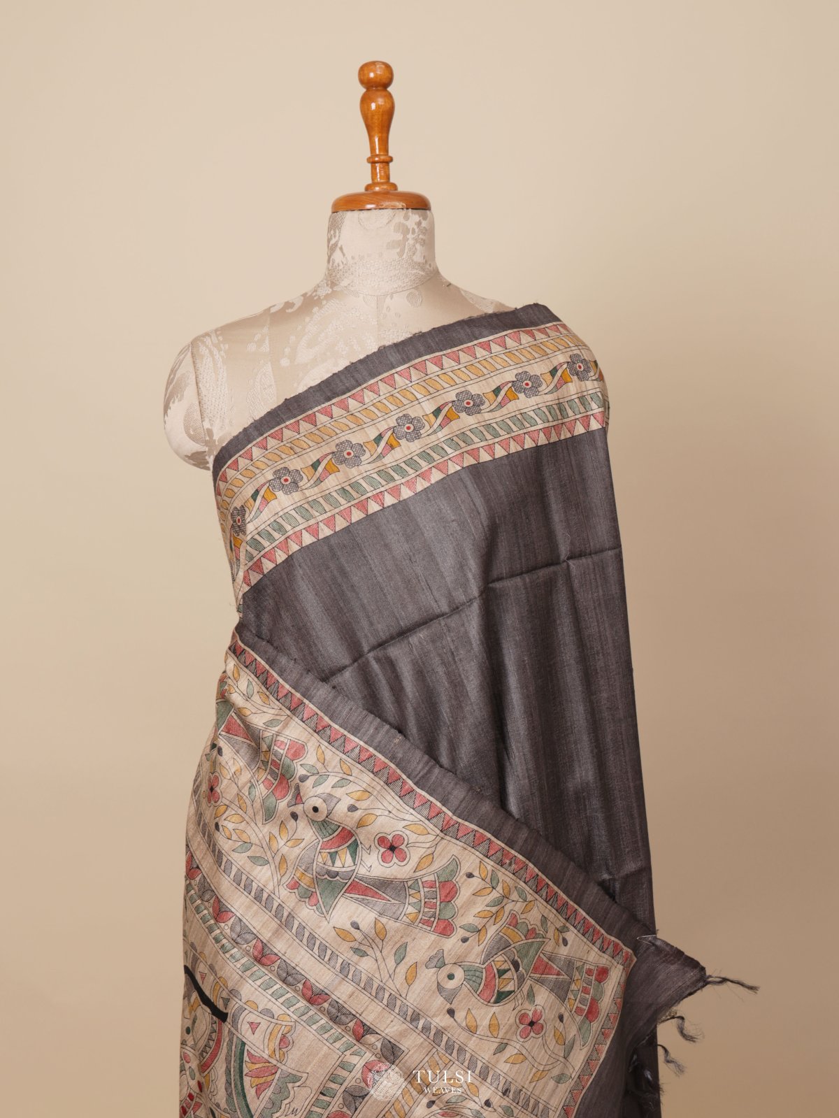Grey Tussar Silk Saree With Madhubani Print