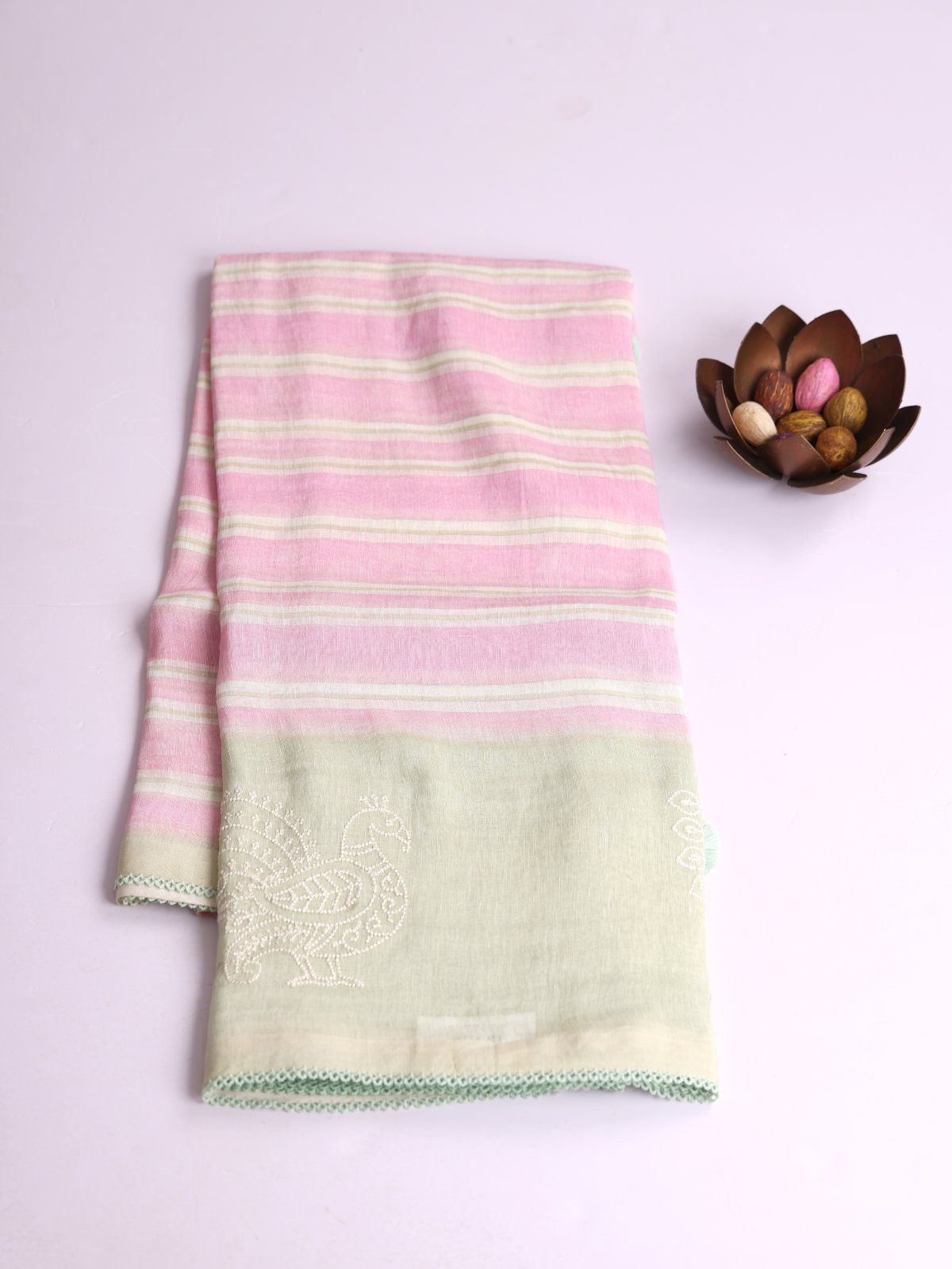 Tri-Color Striped Linen Saree With Light Blue Embroidered Border