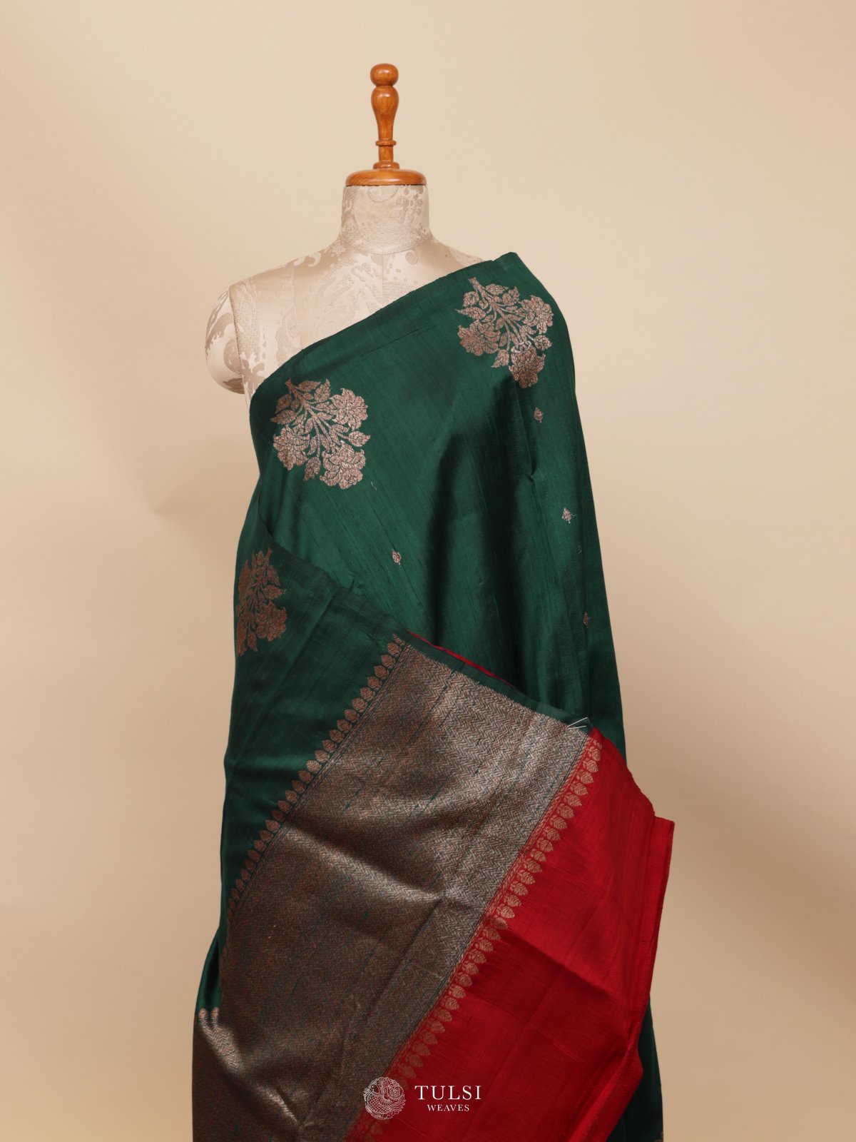 Emerald Green Banaras Tussar Silk Saree