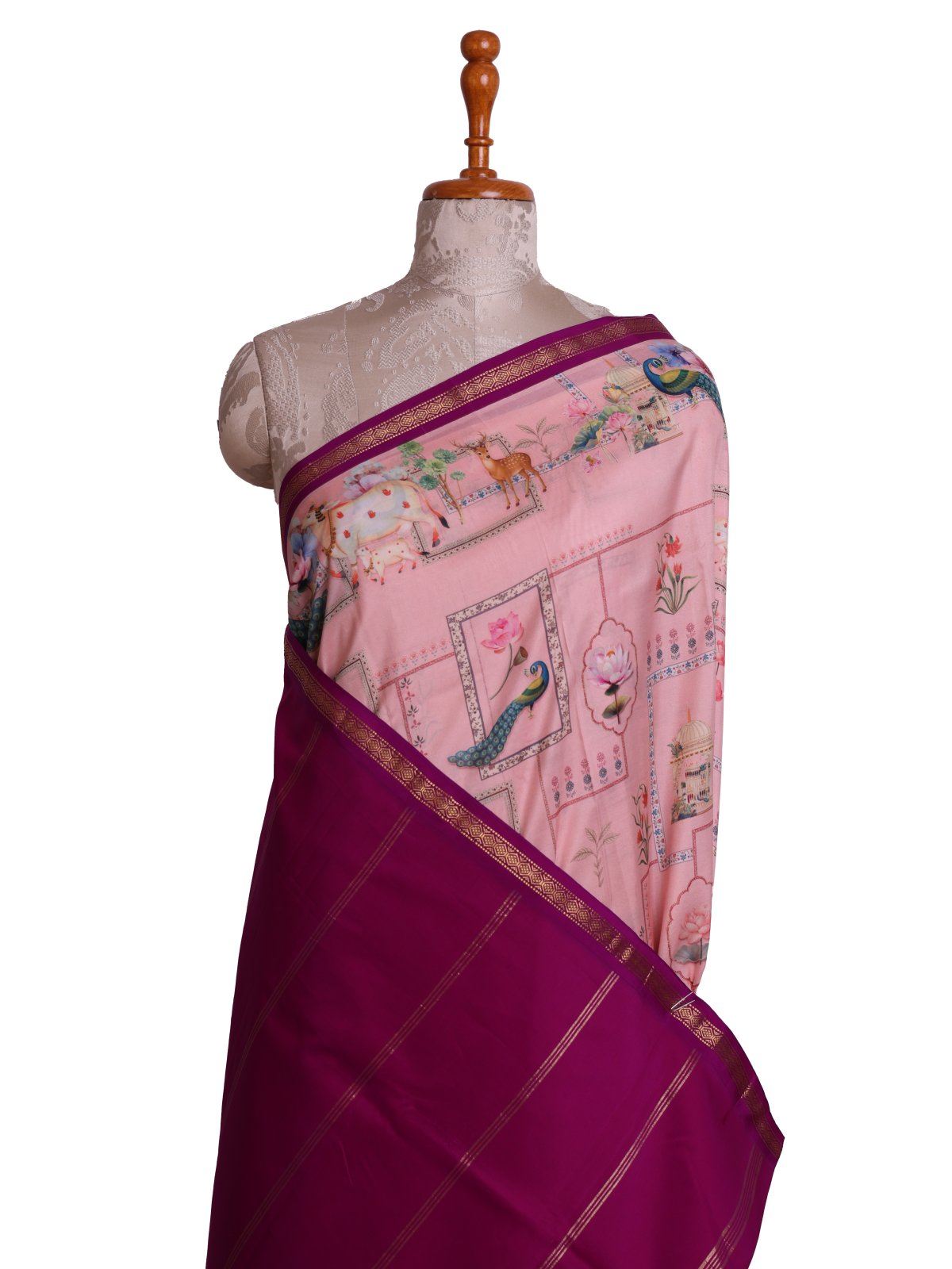 Light Pink Printed Kanjeevaram Silk Saree With Magenta Border