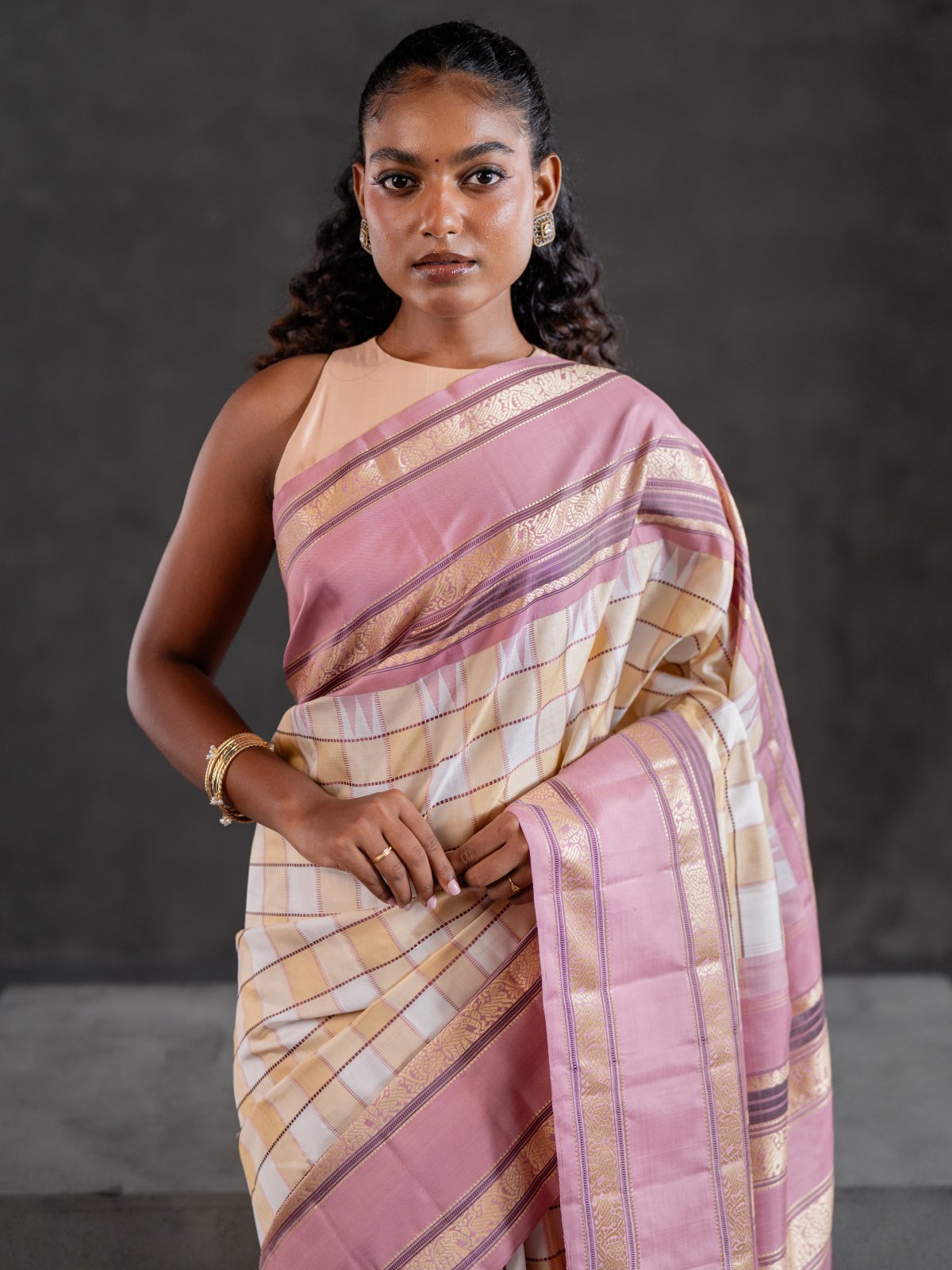 Crafted 35 - Tri Color Checked Kanjeevaram Silk Saree With Dusty Pink Border