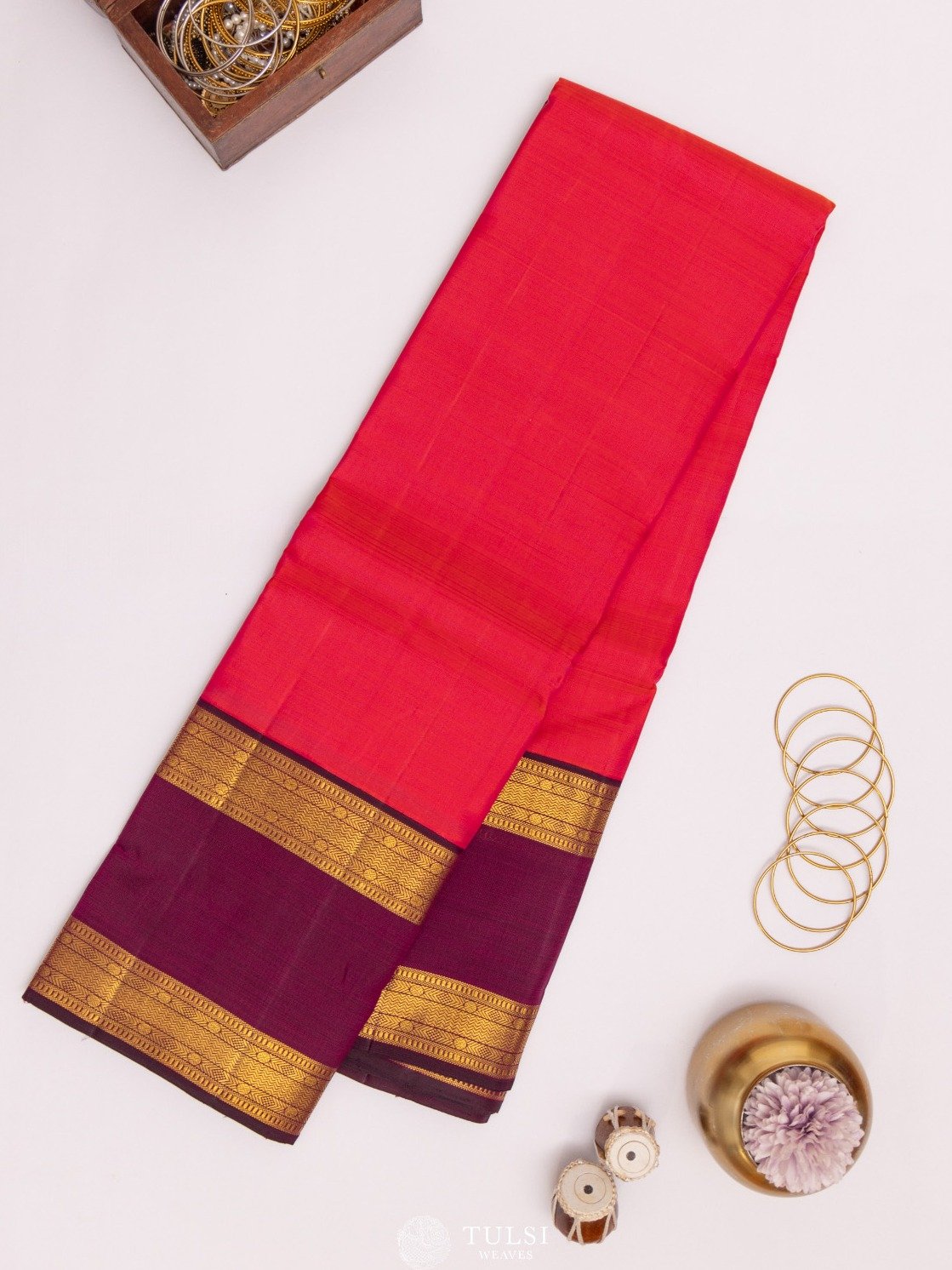 Orangish Pink Kanjeevaram Silk Saree with Rettapet Border