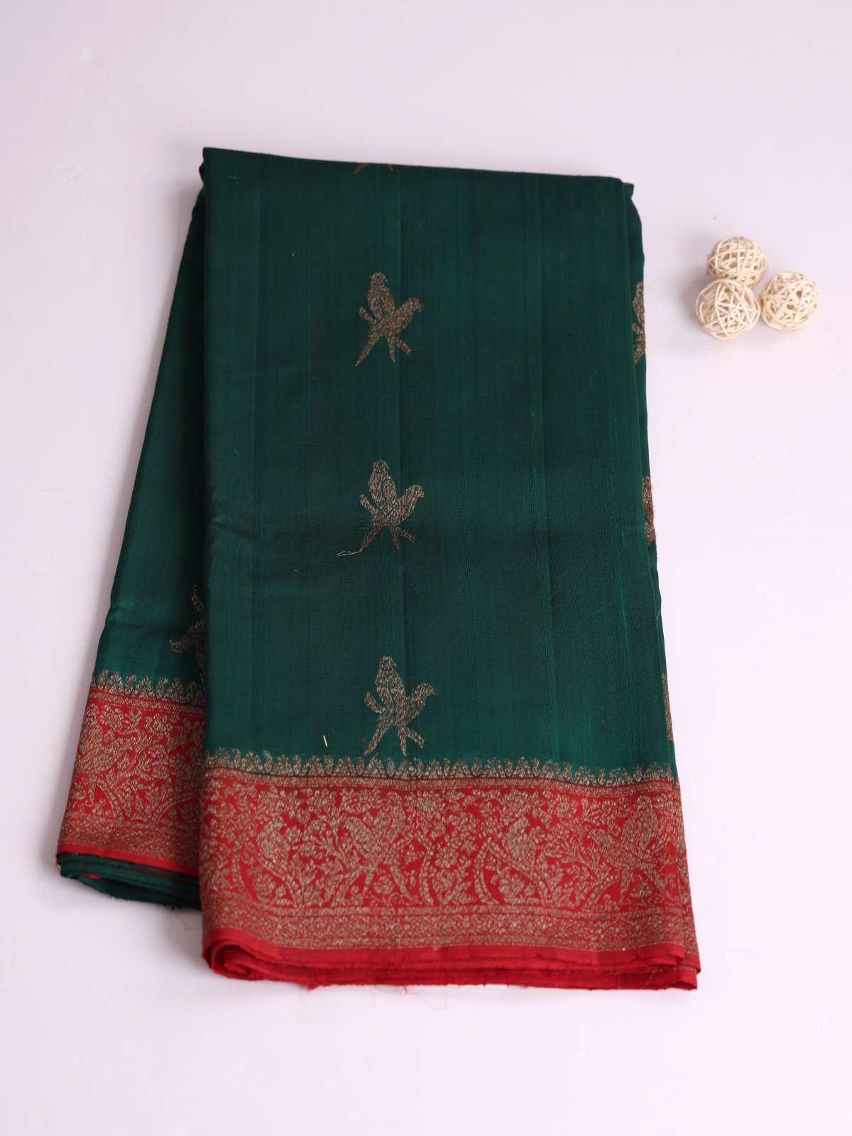 Bottle Green Banaras Tussar Silk Saree With Red Border