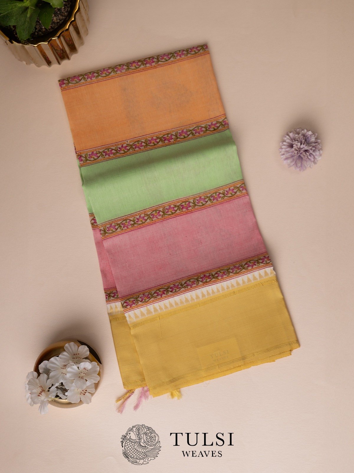 Multi Color Silk Dupatta with Hand Block Print