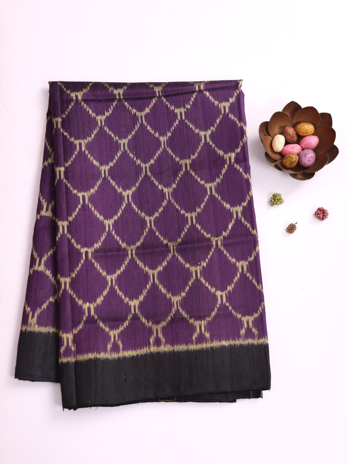 Dark Violet Raw Silk Patola Saree With Black Border