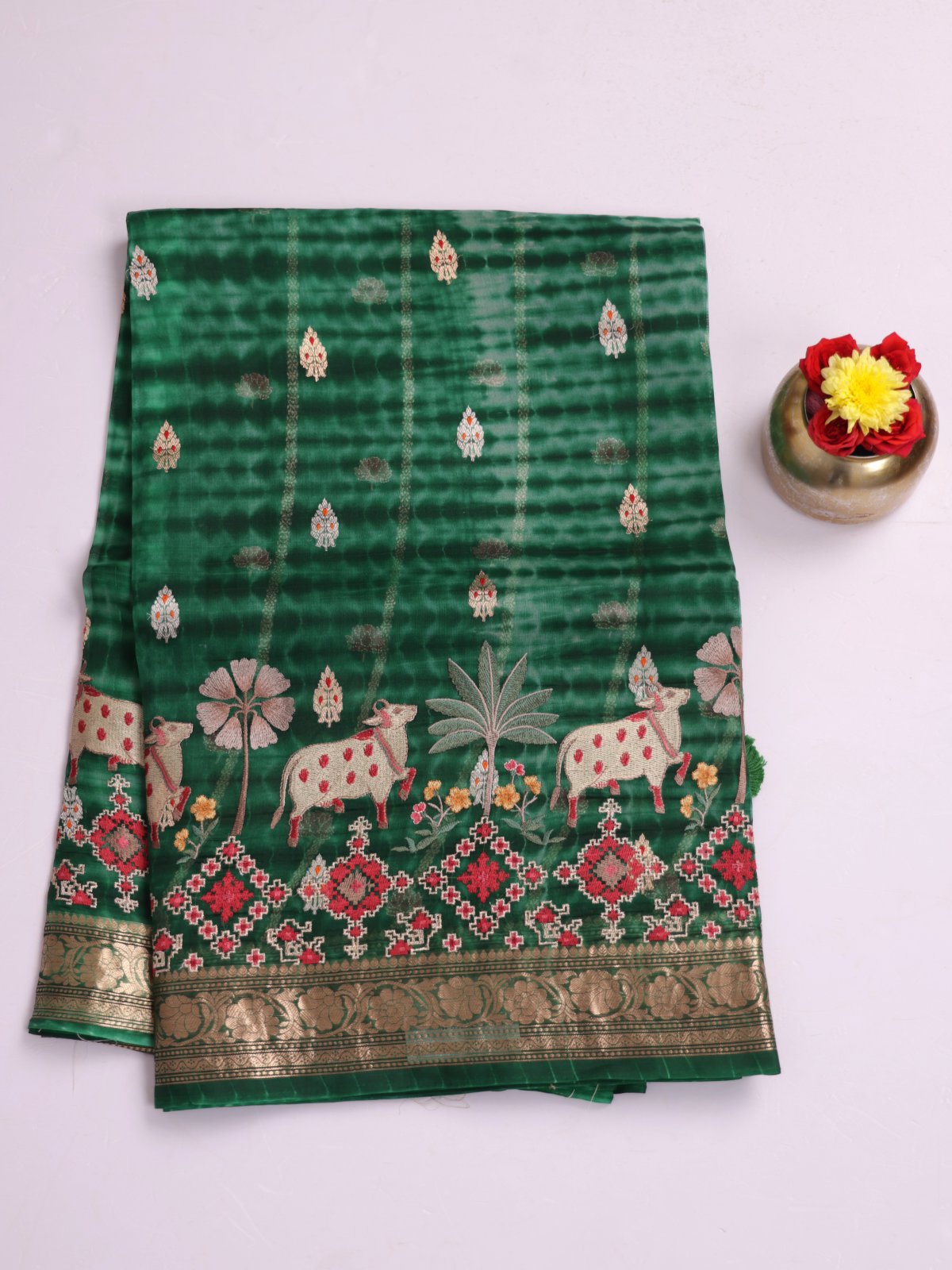Bottle Green Organza Silk Saree With Embroidered Border
