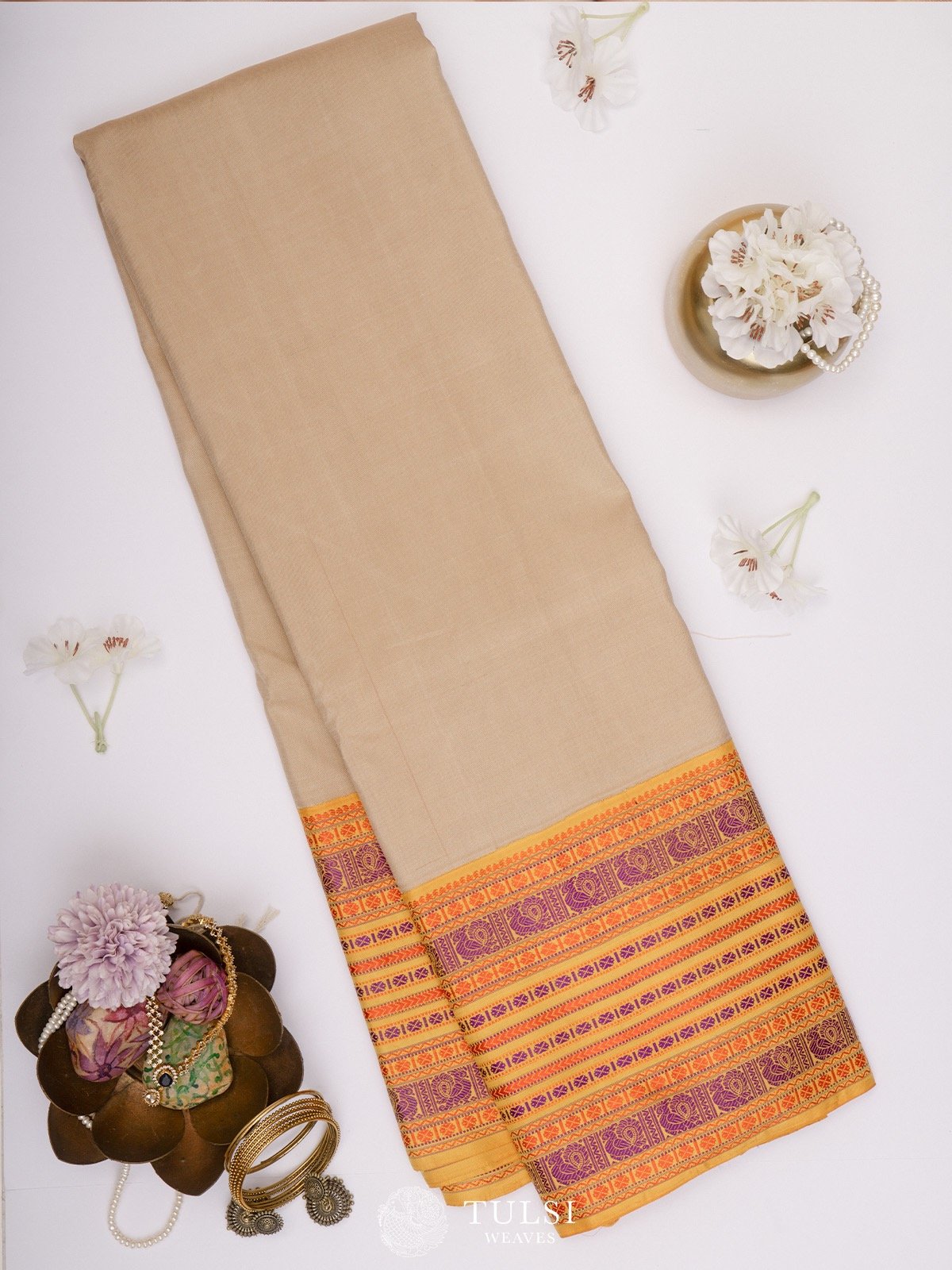 Beige Kanchipuram Pattu Pett Silk Saree