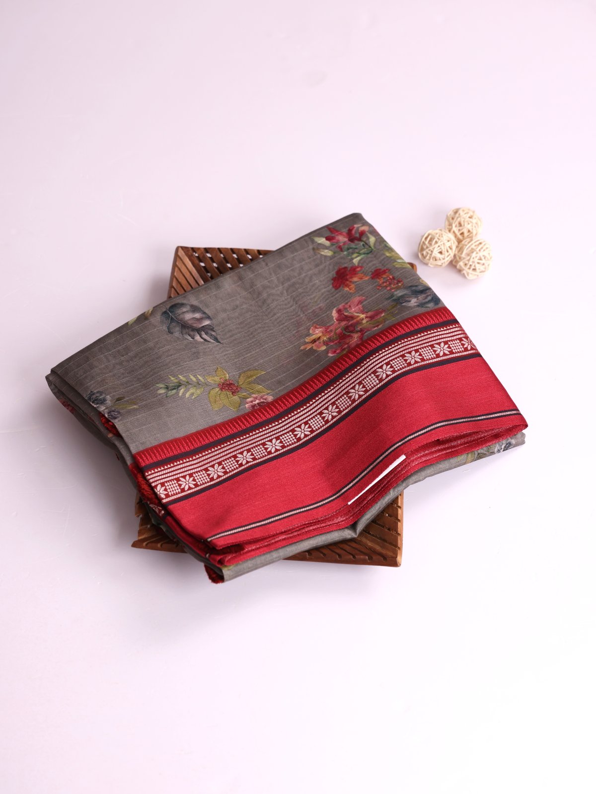 Grey Printed Chanderi Cotton Saree With Maroon Vidarbha Border