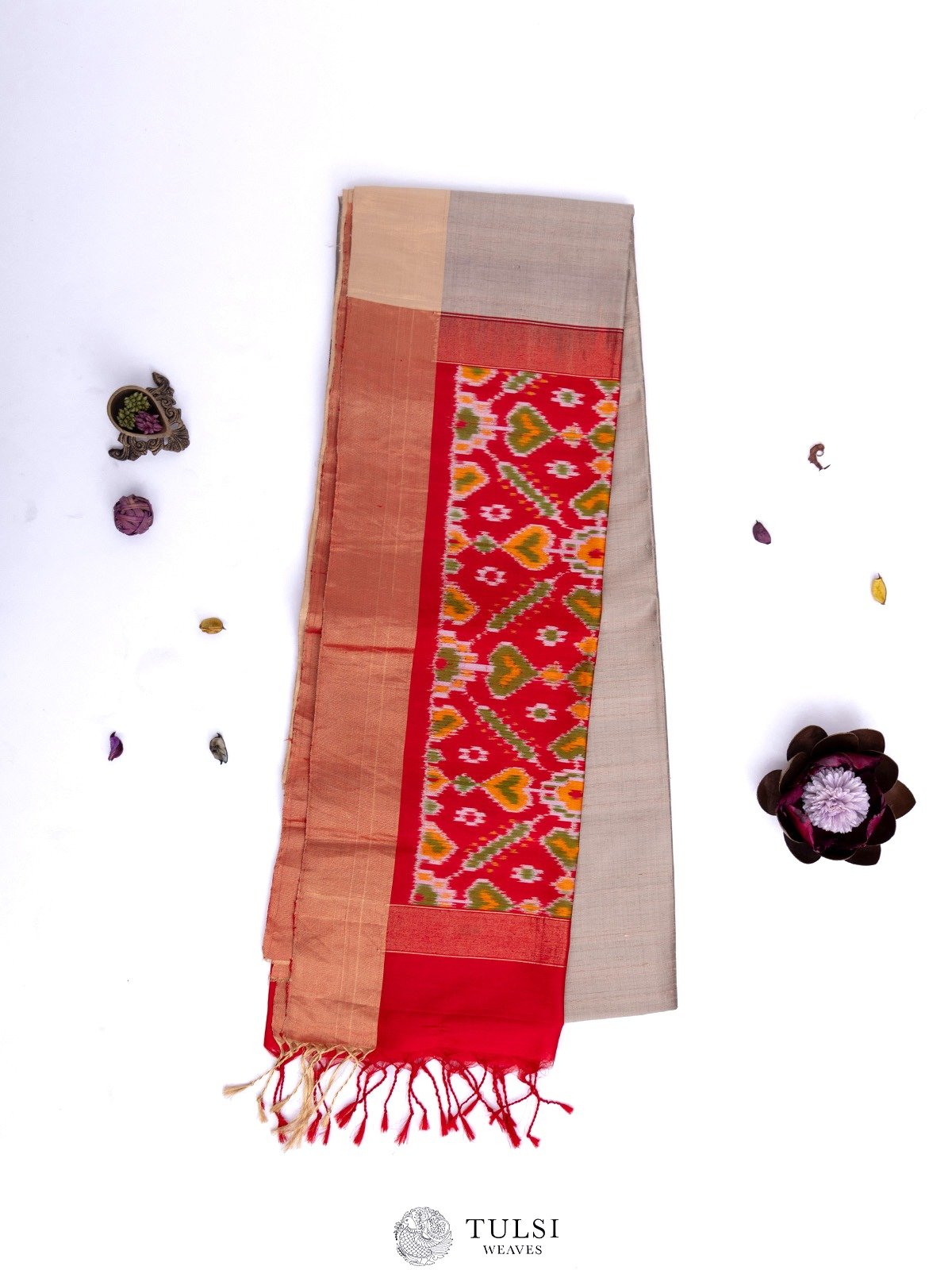 Brownish Grey Raw Silk Saree with Ikat Pallu