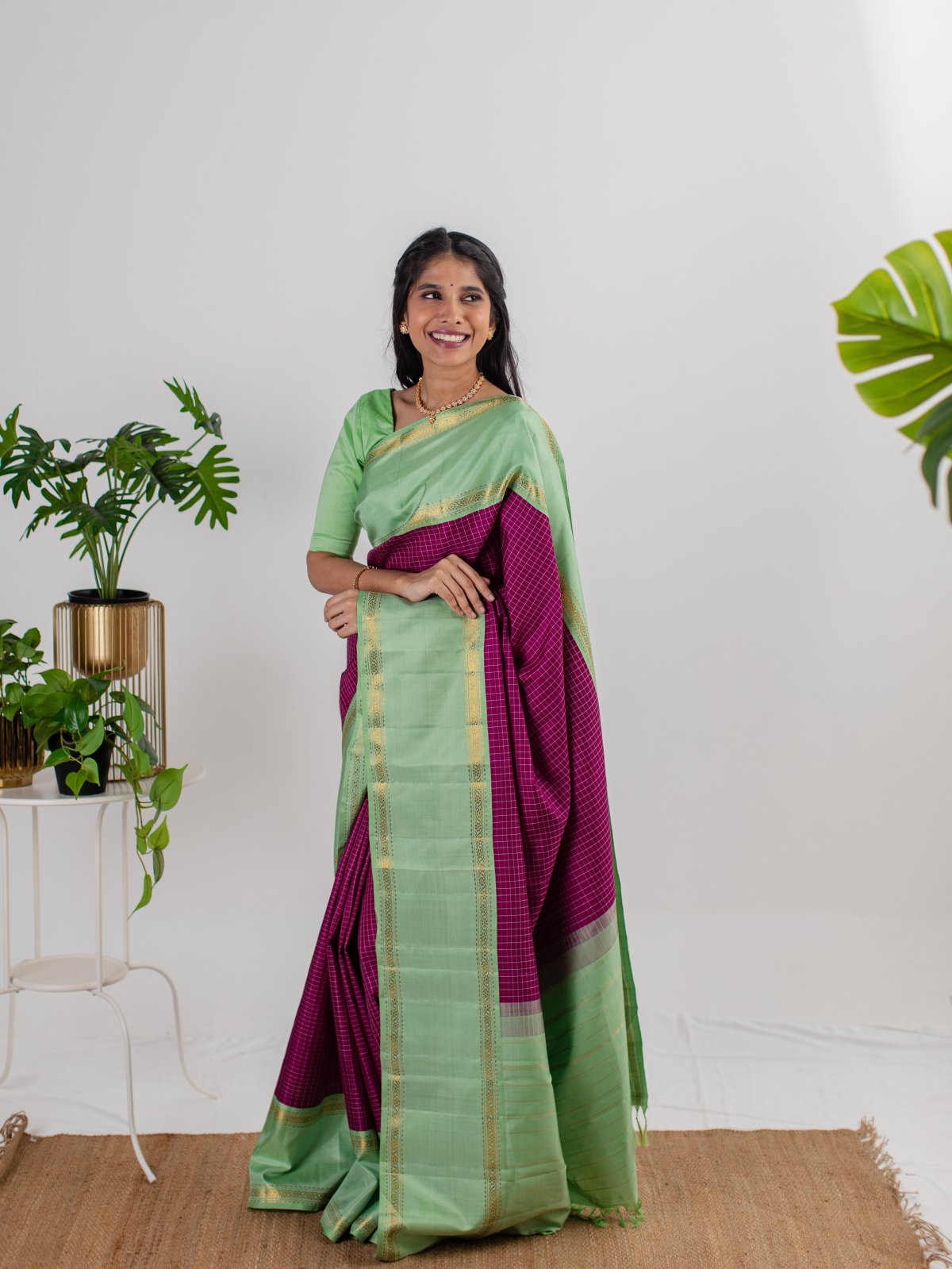 Checked Burgundy Silk Saree With Mint-Green Border