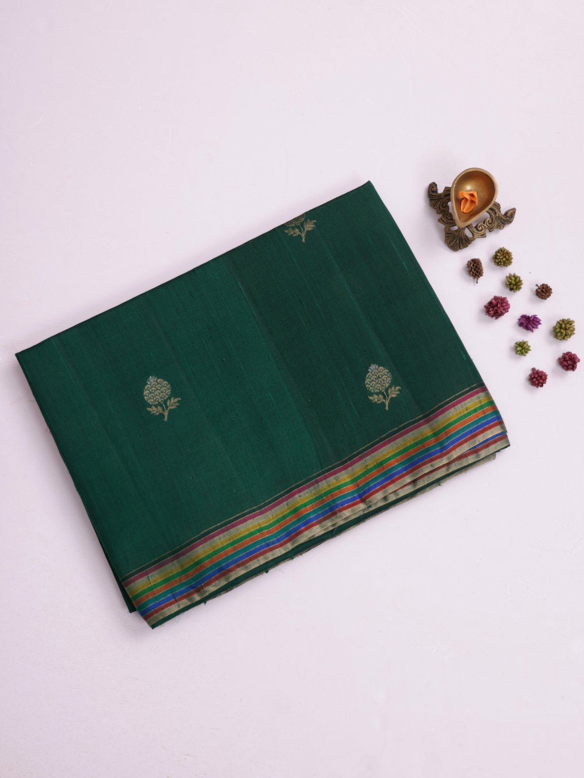 Bottle Green Raw Silk Saree with Multicolor Border
