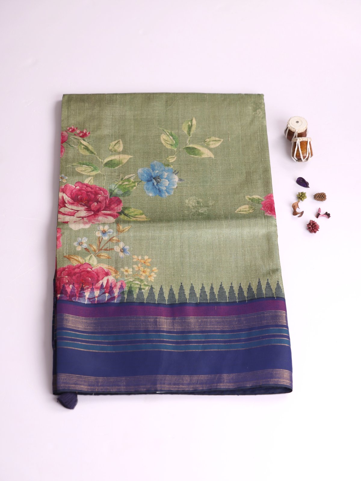 Light Green Printed Tussar Silk Saree With Navy Blue Border 