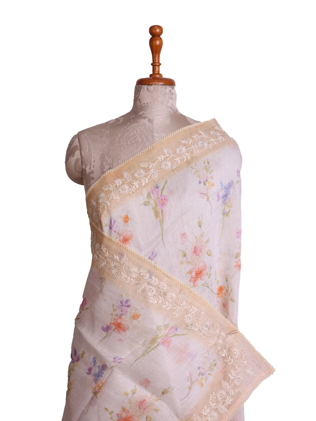 Off-White Linen Saree With Sandal Embroidery Border