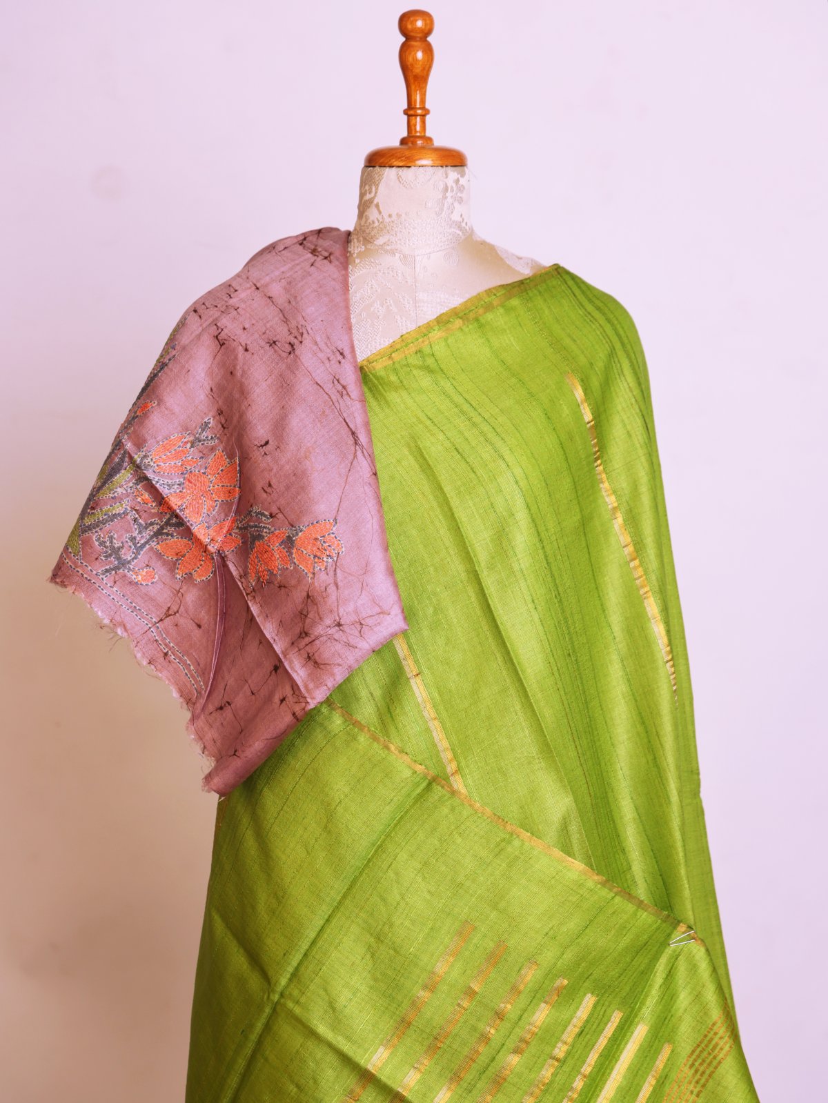 Parrot Green Tussar Silk Saree with Dusty Mauve Embroidered Blouse