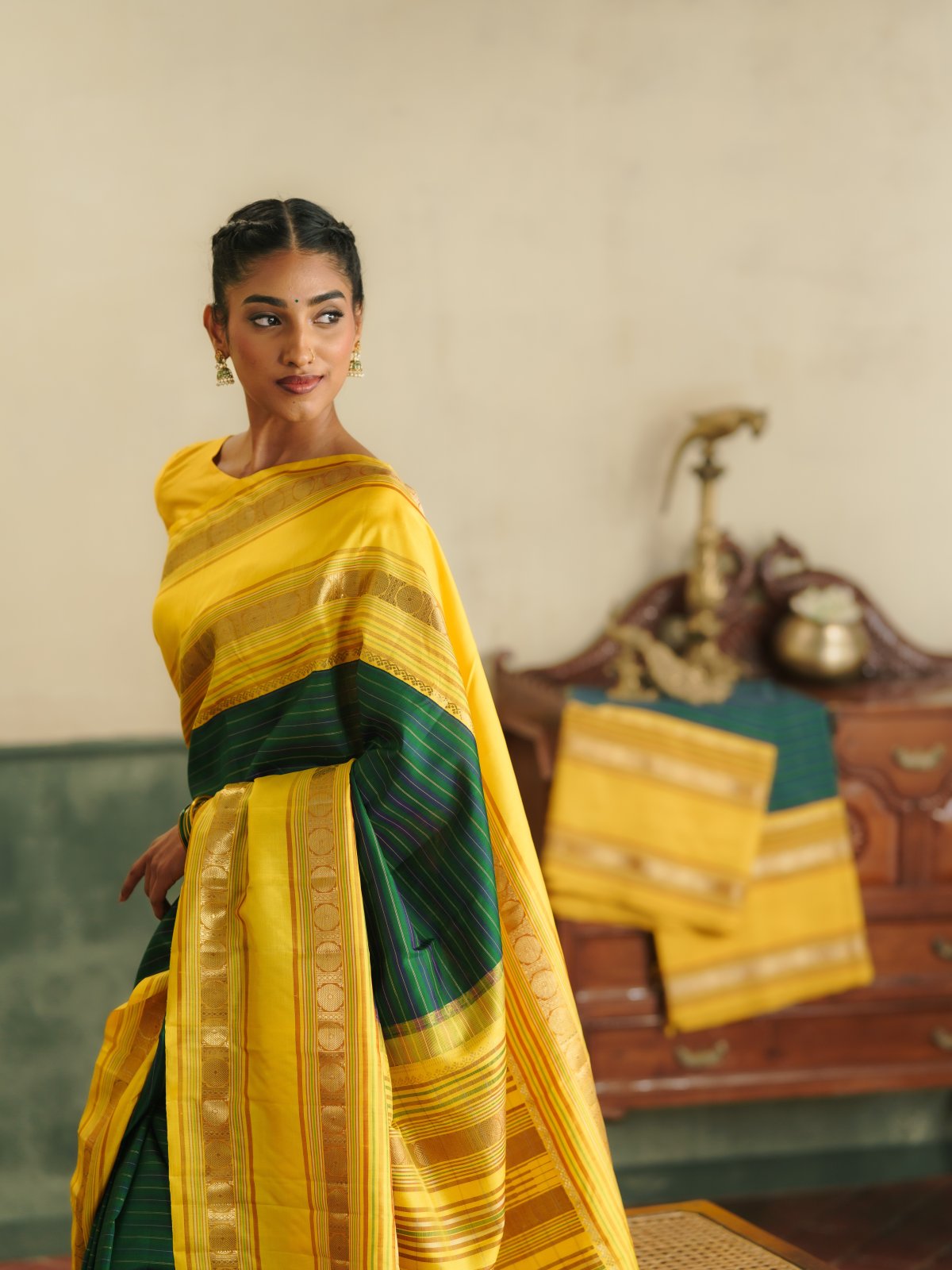 Vintage 119 - Green And Purple Striped Kanjeevaram Silk Saree With Yellow Border