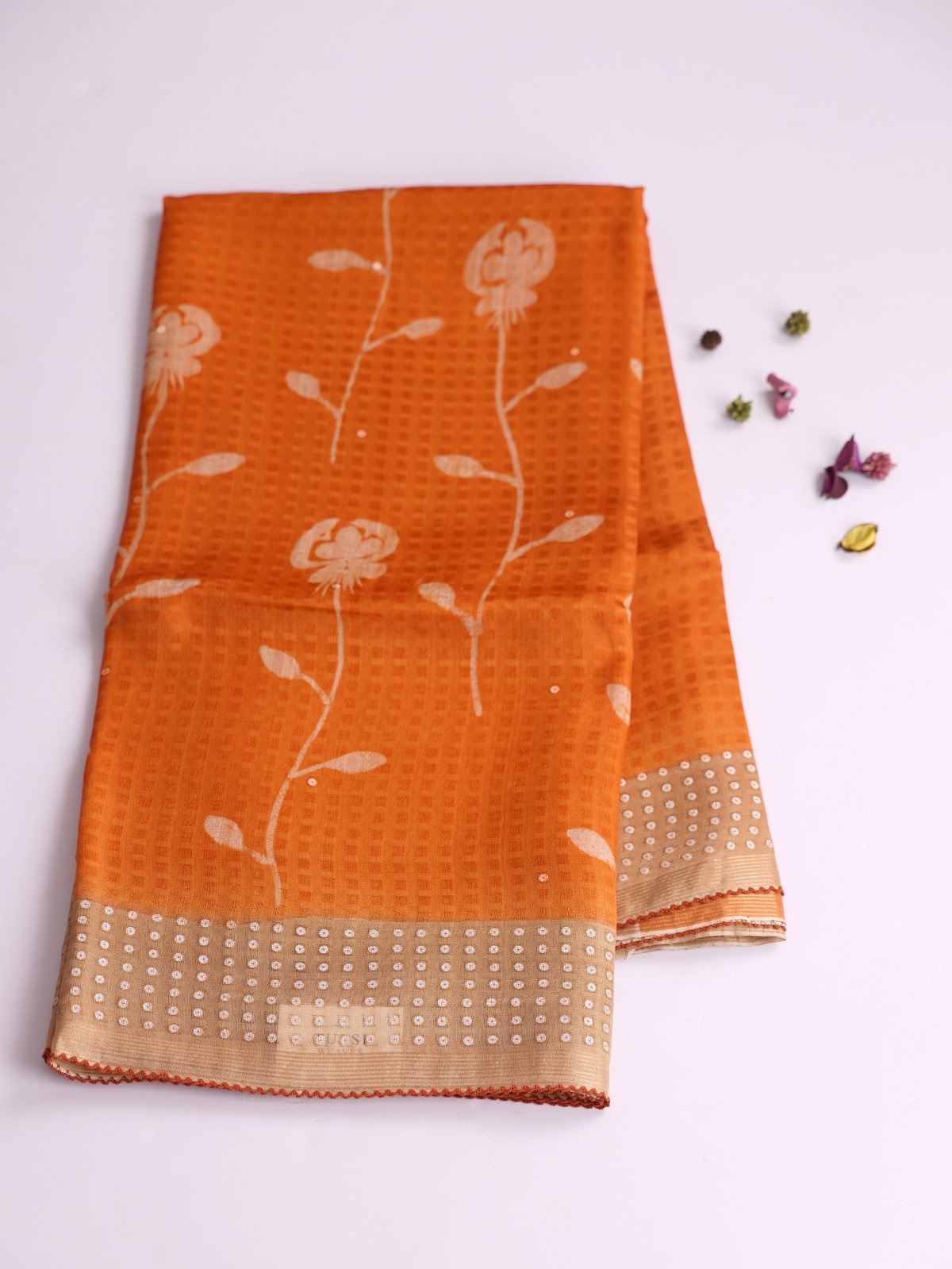 Orange Printed Organza Silk Saree With Sequins Border