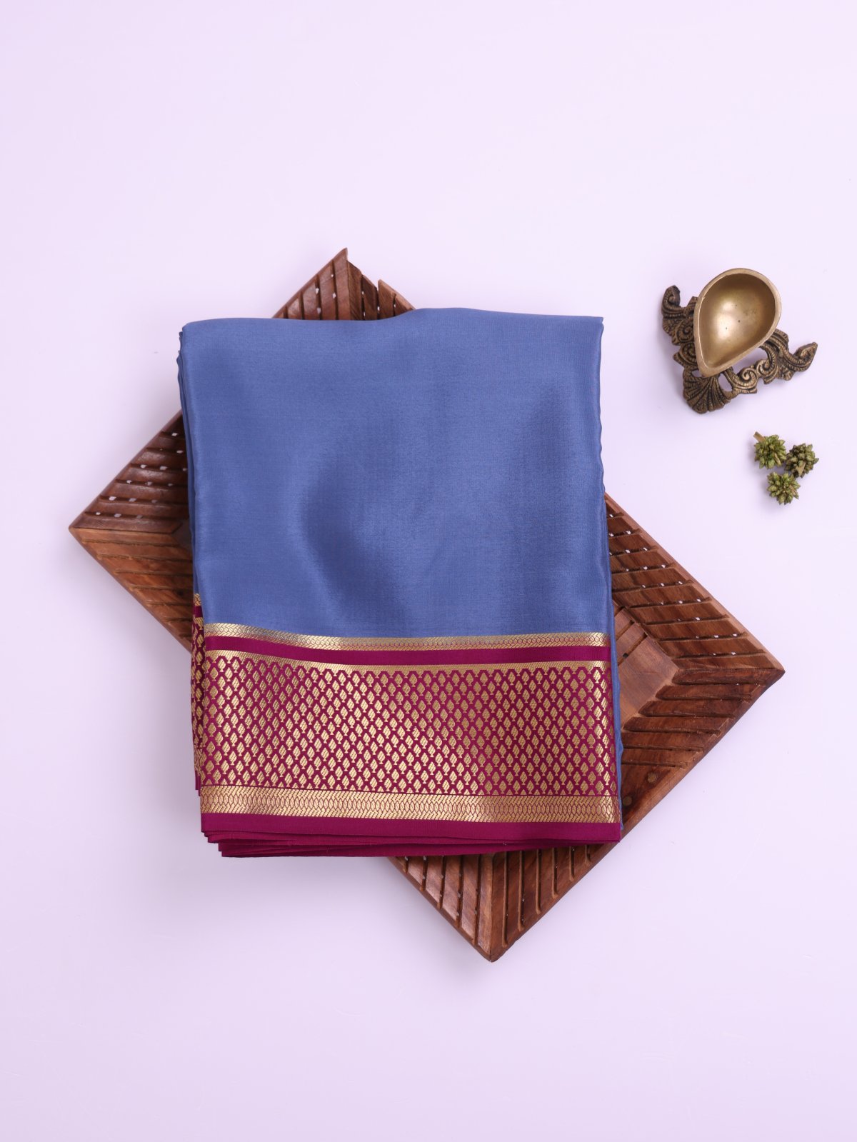 Bluish Grey Mysore Silk Saree with Burgundy Zari Border