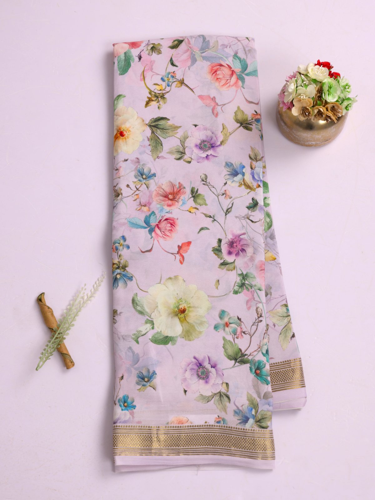 Light Lilac Printed Mysore Crepe Silk Saree With Zari Border