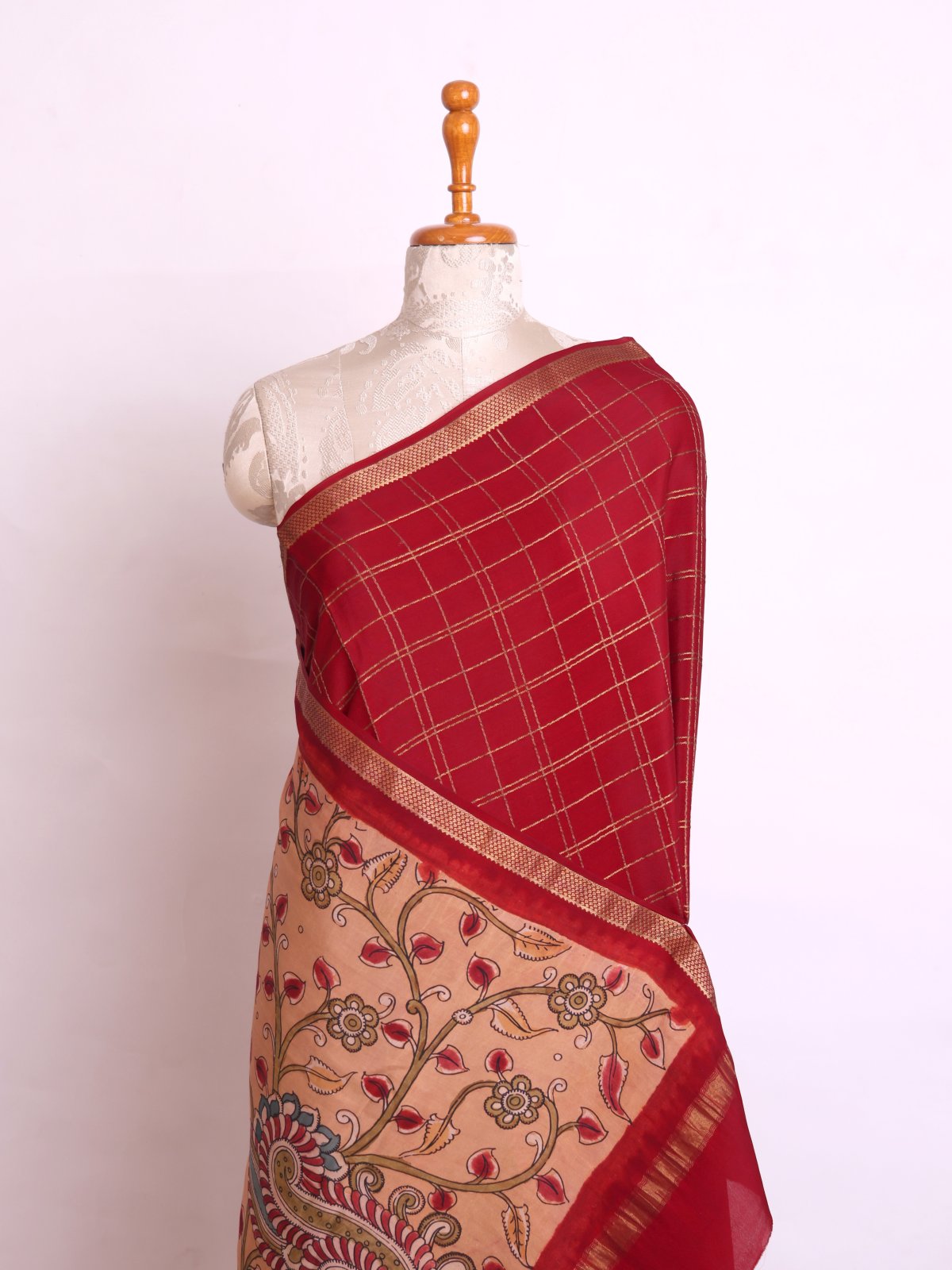 Dark Red Checked Mysore Crepe Silk Saree with Kalamkari blouse and pallu
