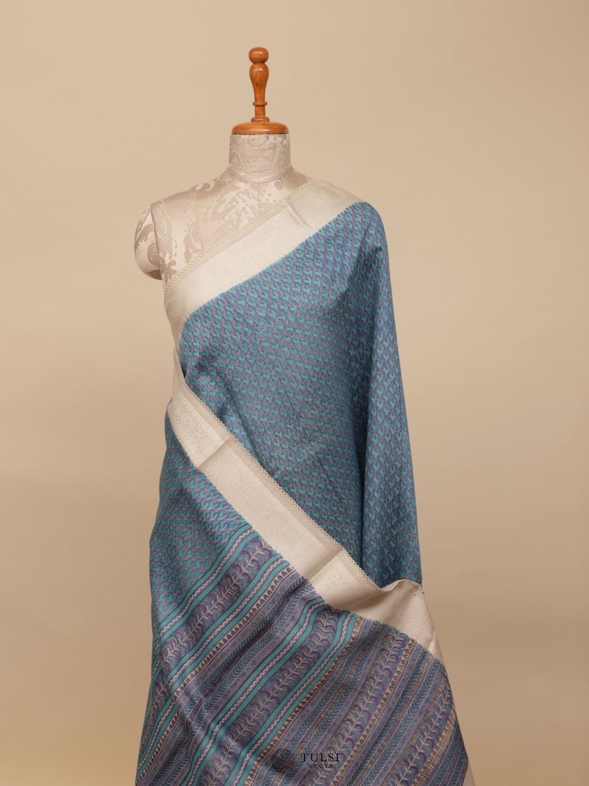 Blue Printed Munga Tussar Silk Saree