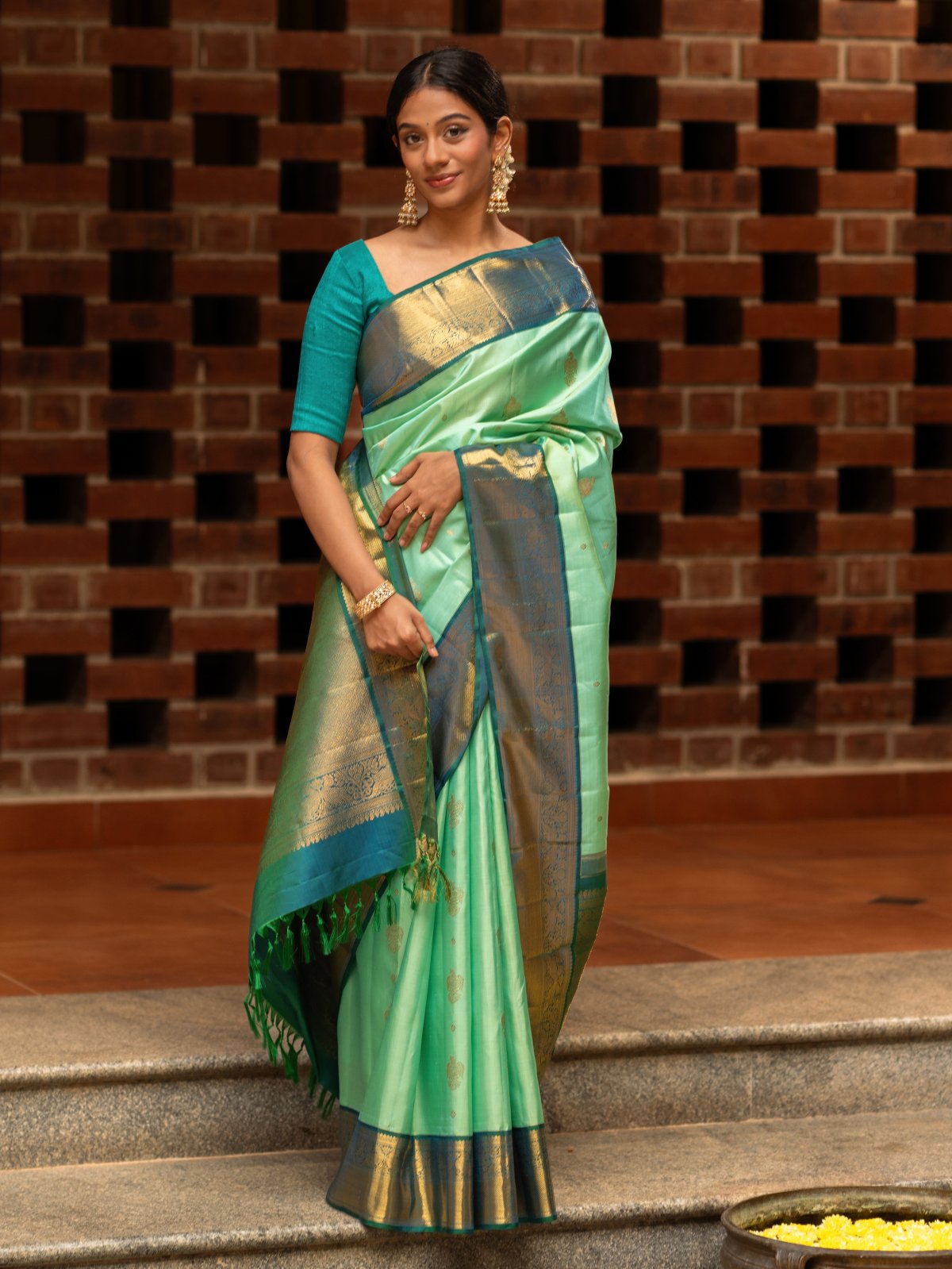 Mint Green Kanjeevaram Silk Saree with Contrast Border 