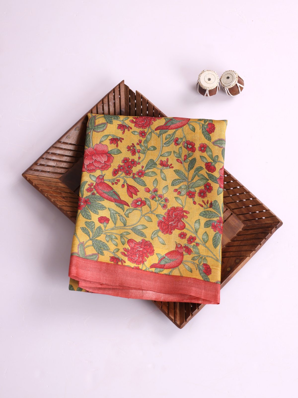 Mustard Yellow Printed Tussar Silk Saree With Pastel Red Border