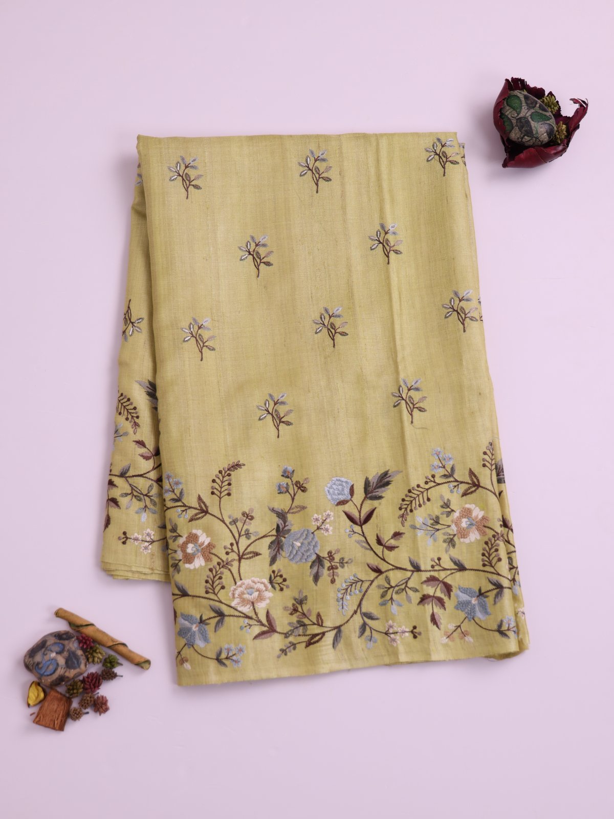 Light Green Embroidered Tussar Silk Saree