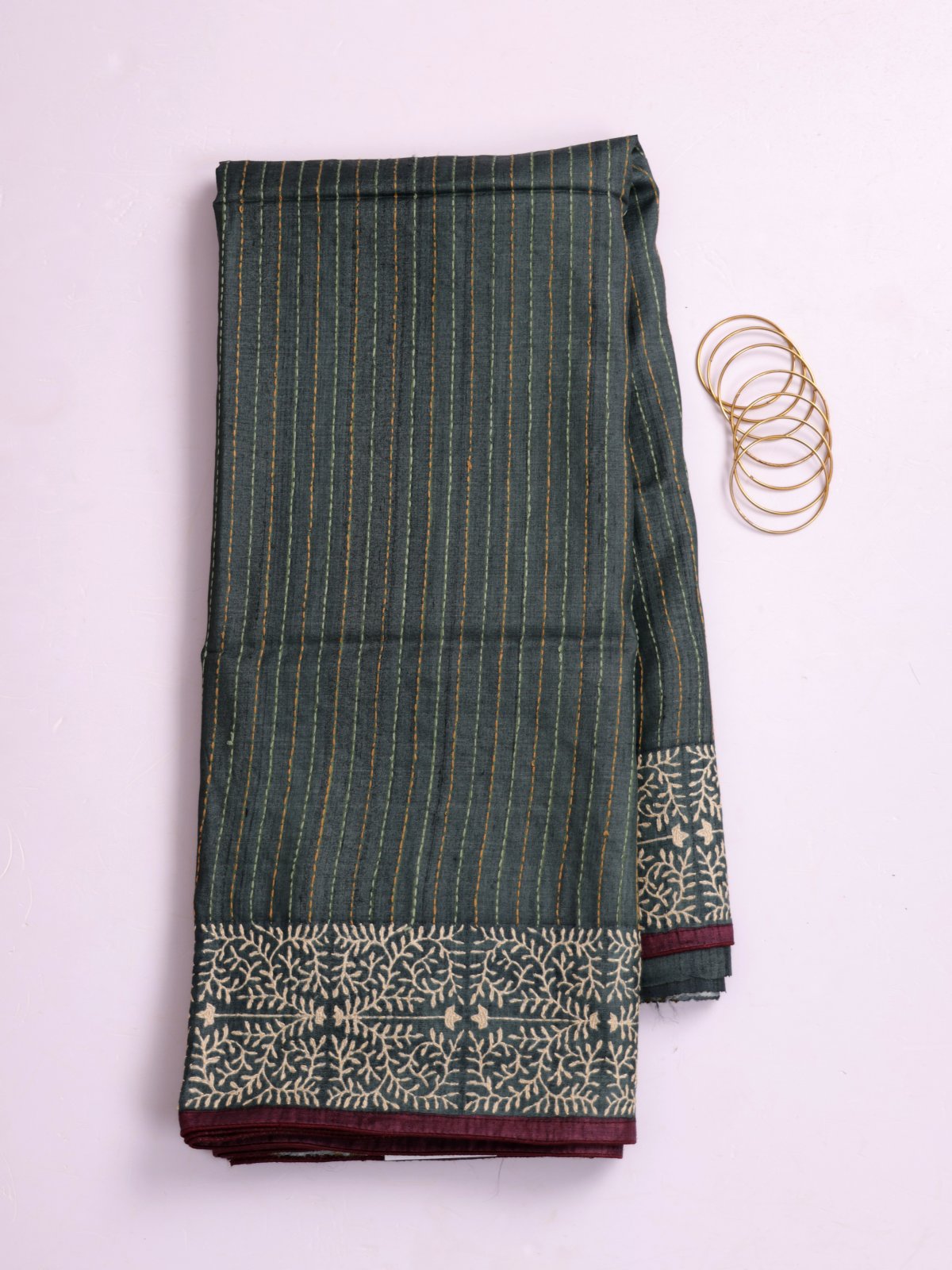 Dark Greenish Grey Printed Tussar Silk Saree With Kantha Embroidery