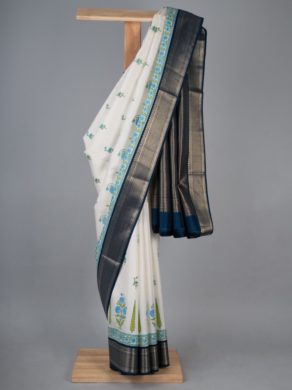 Floral Blockprint Kanjeevaram Silk Saree With Teal Green Border