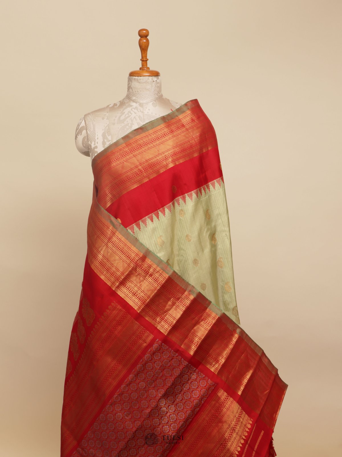 Pastel Green Gadwal Silk Saree With Red Border