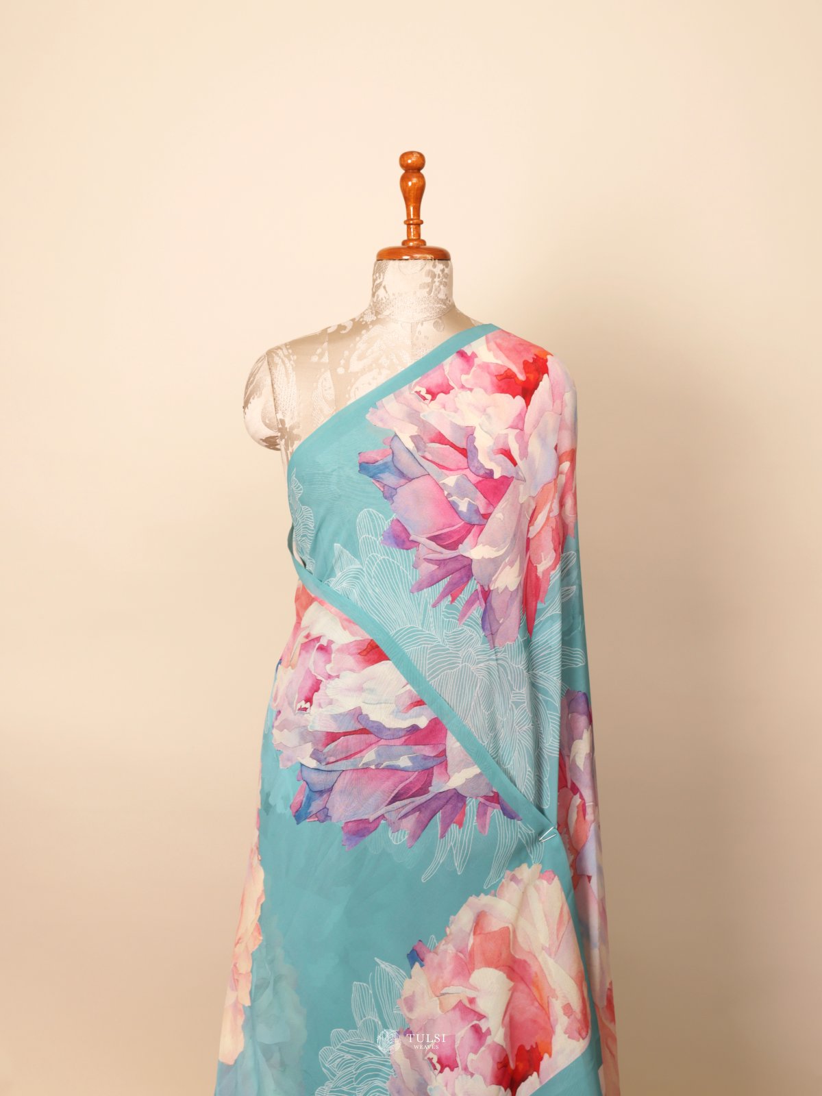 Blue Floral Printed Georgette Silk Saree