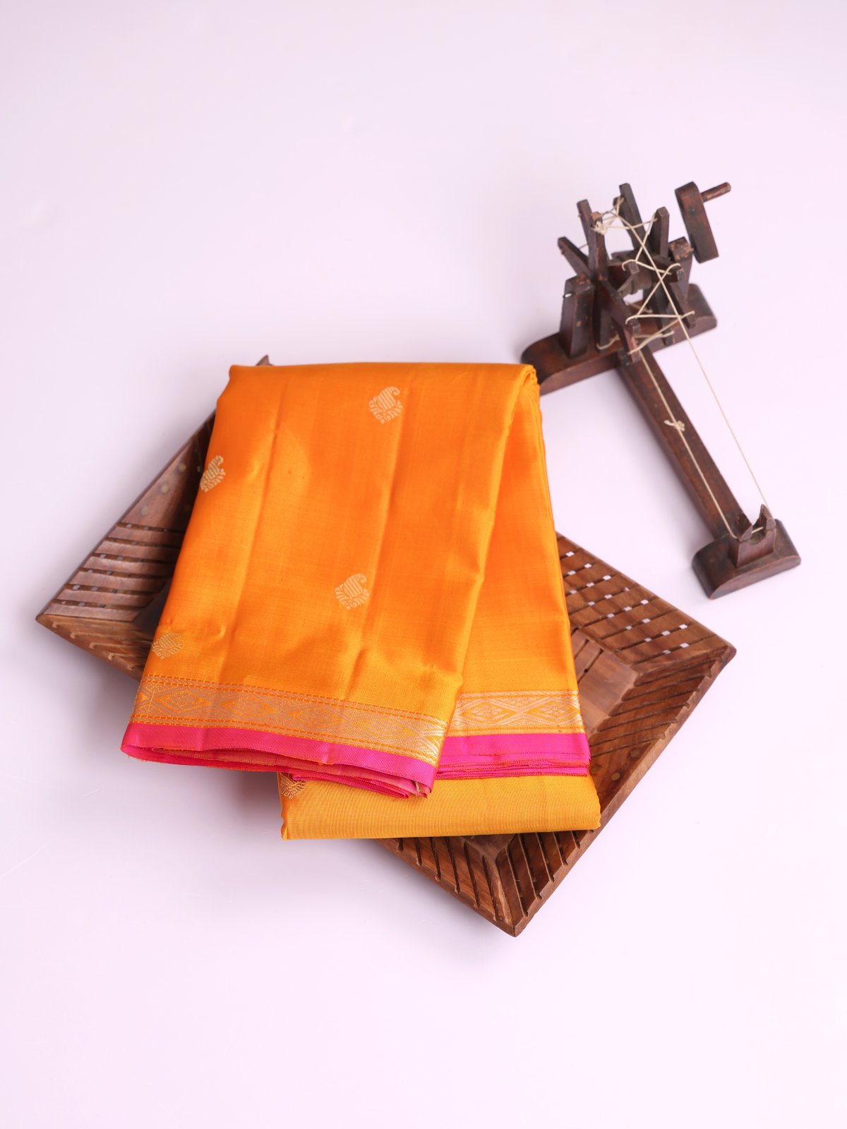 Yellowish Orange Kanjeevaram Pattu Pettu Silk Saree