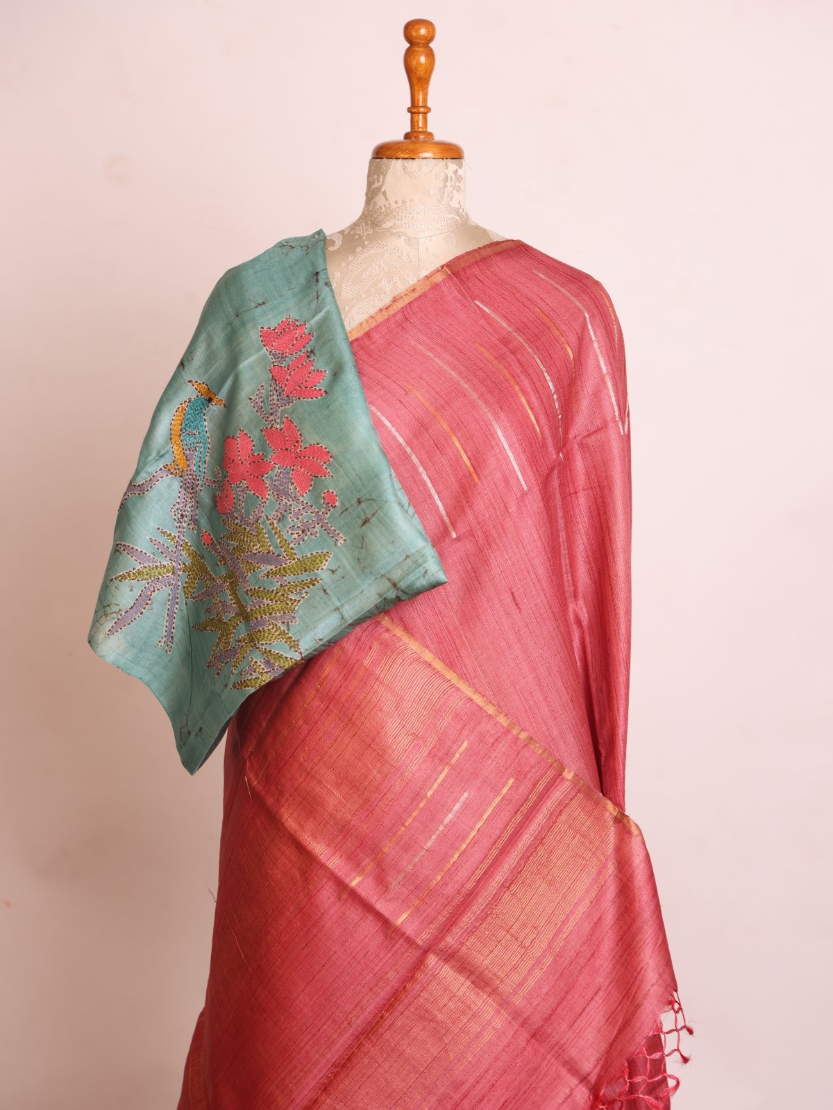 Reddish Pink Tussar Silk Saree With Embroidered Blouse