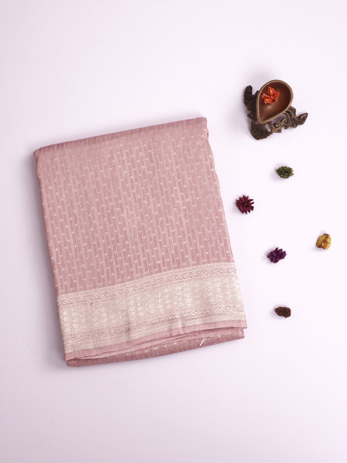 Light Dusty Pink Linen Saree With Zari Border