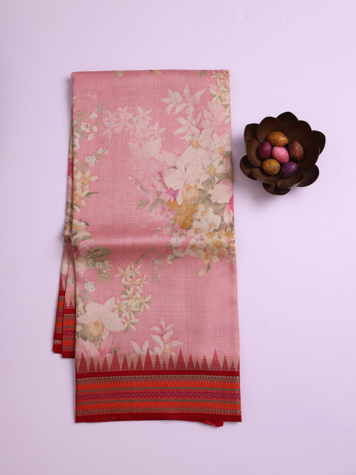 Pastel Pink Printed Tussar Silk Saree with Red Vidarbha Border